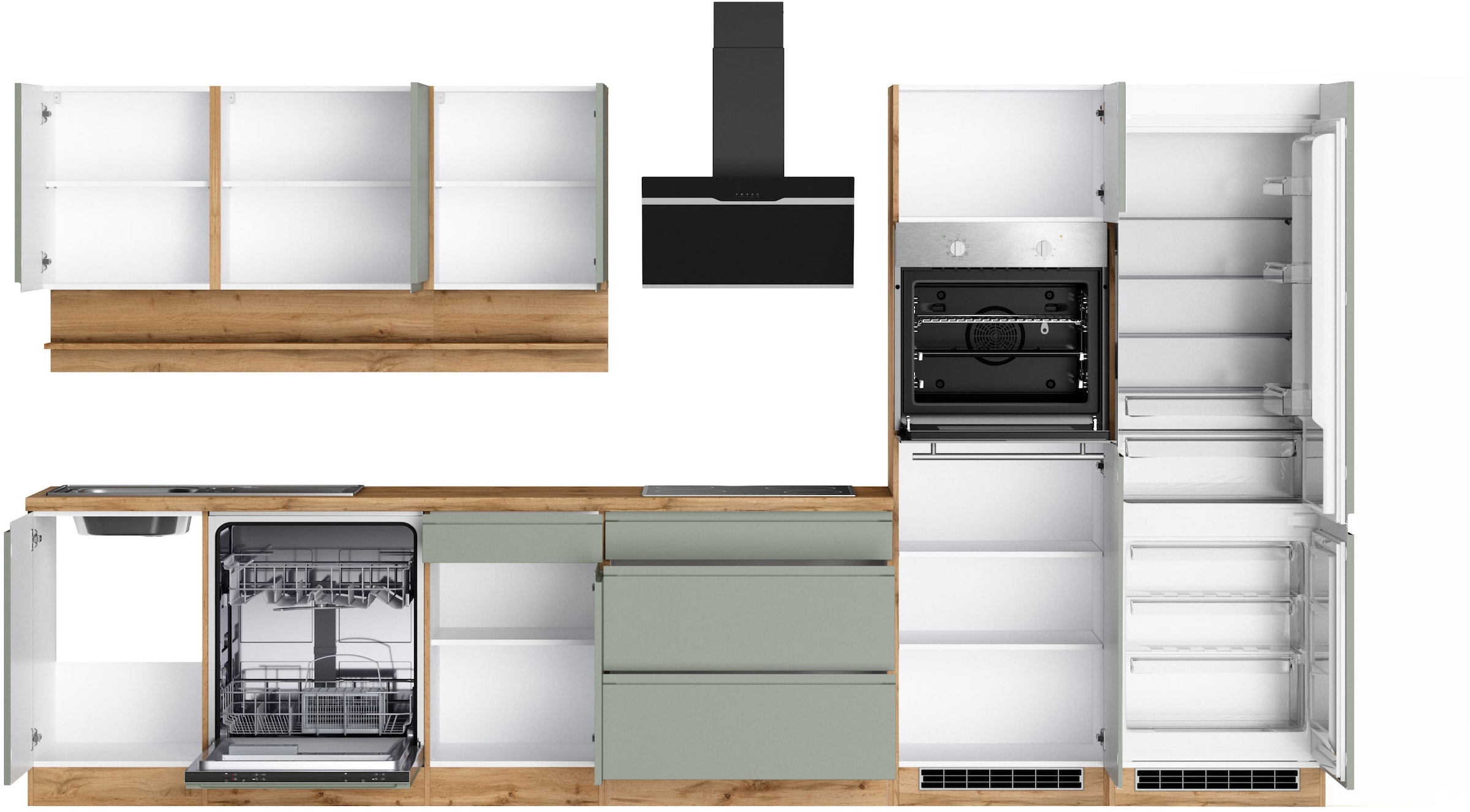 KOCHSTATION Kitchenette »KS-Virginia,neu in verbesserter Ausführung« plan de travail épaisseur 38 mm, rangement, fermeture douce,  largeur 360 cm, softclose, au choix avec appareils électriques et induction