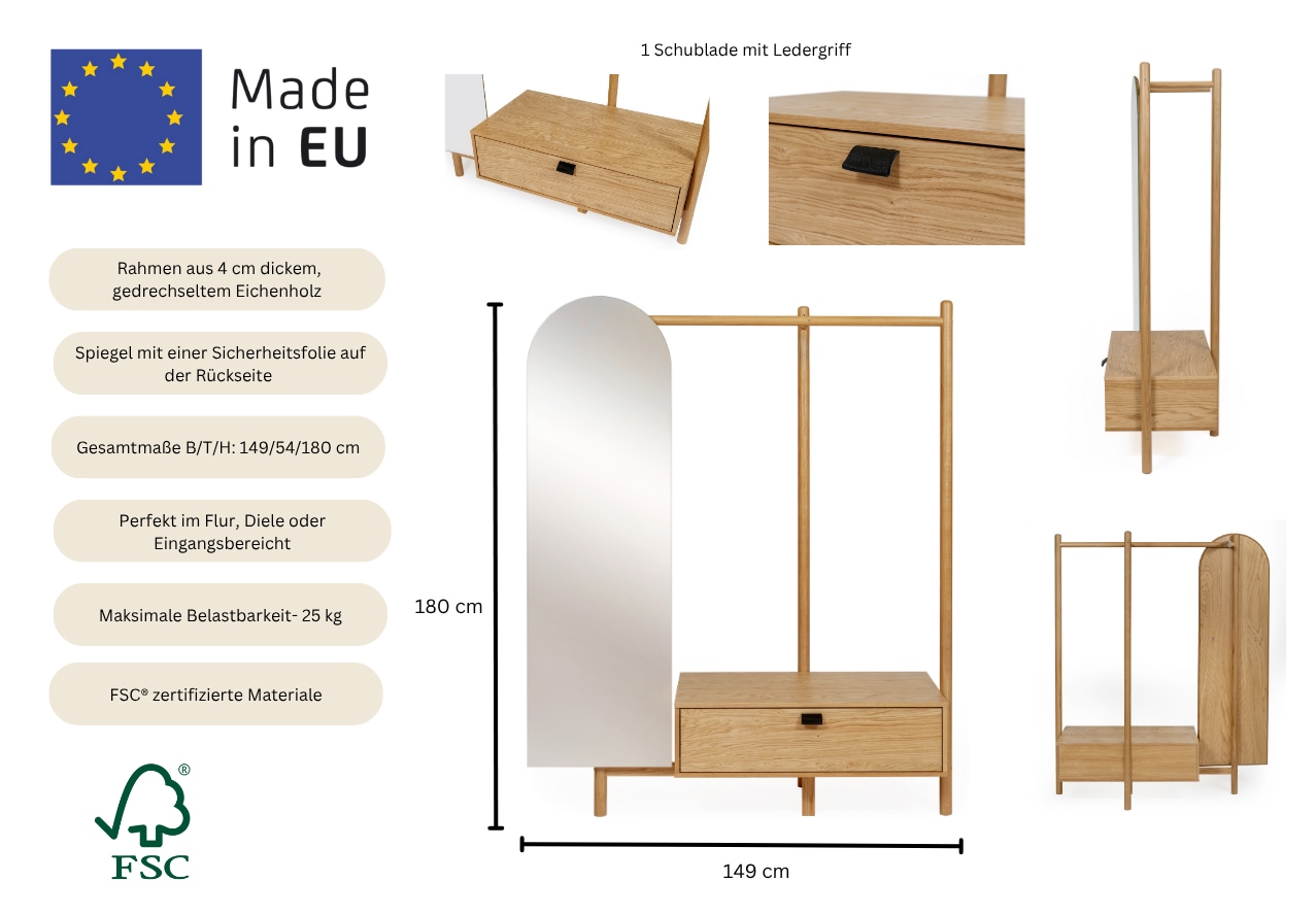 Woodman Garderobenständer »Tripod« Breite 149 cm, FSC®, teilmassiv, mit Spiegel