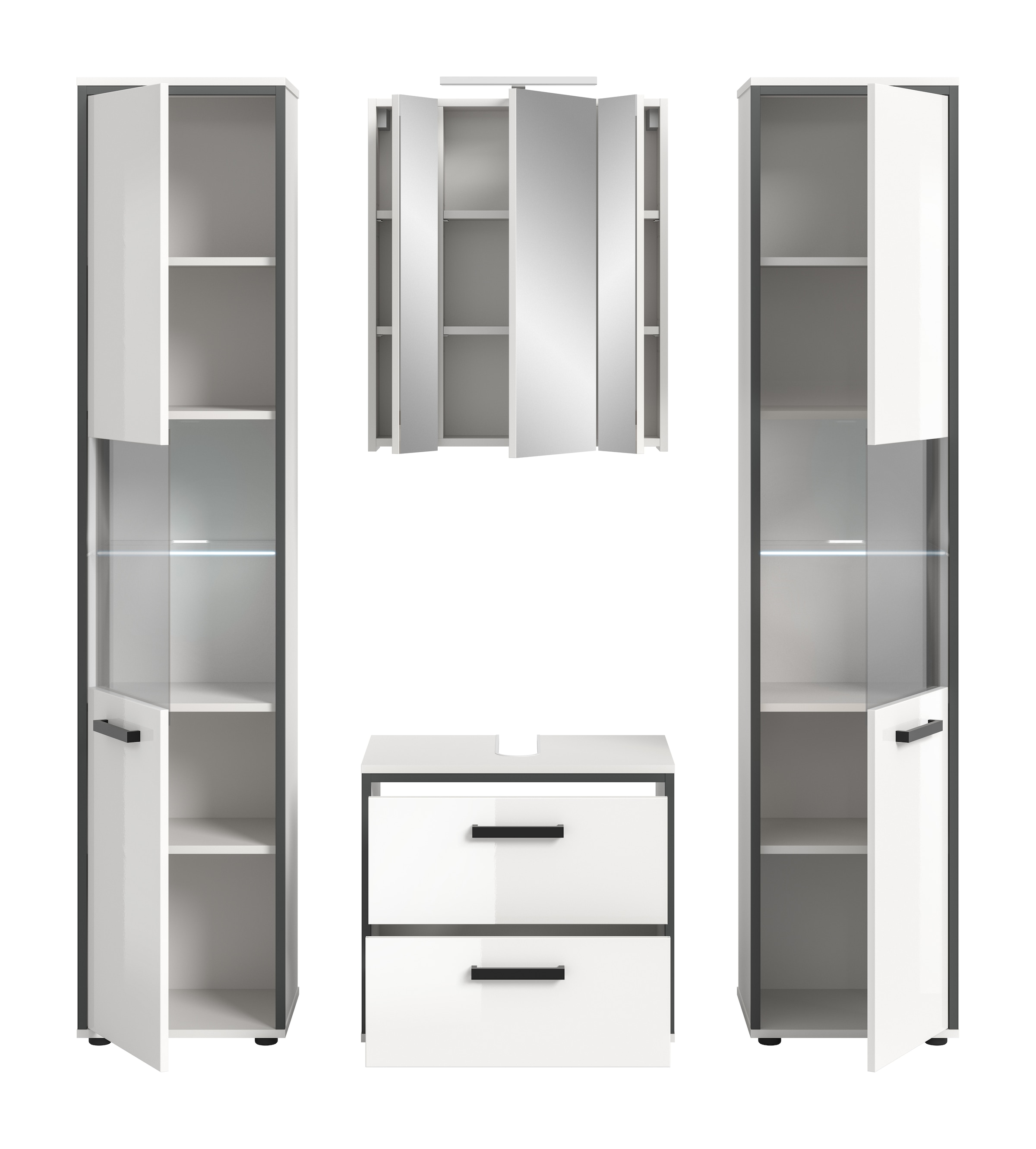 welltime Ensemble de meubles de salle de bain »KAJO, 4-tlg. Badkombination, weiss hochglanz inkl.Beleuchtung« Set, Set, best. aus: 2 Hochschränken,WBU,Spiegelschrank,Beleuchtung, 7 cuis tlg.