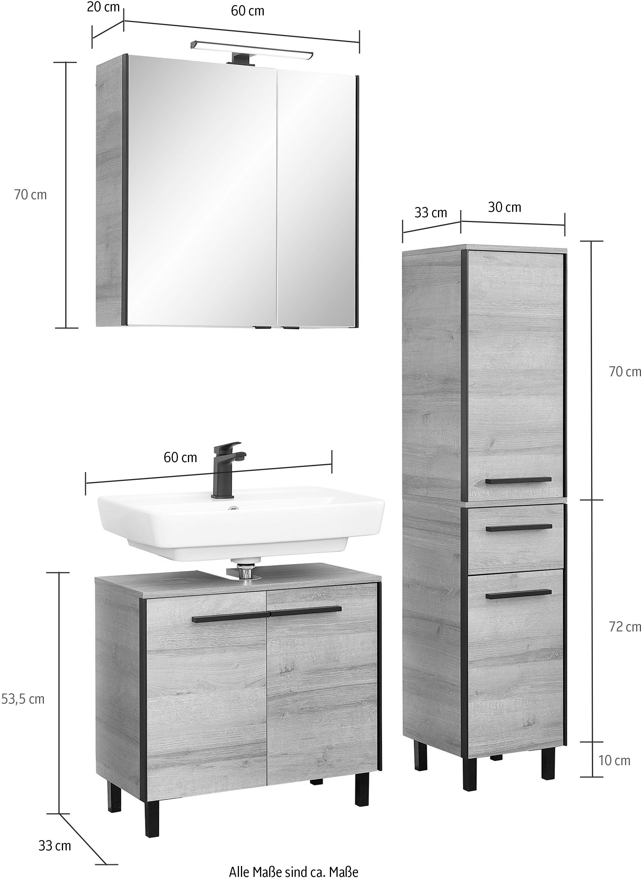 Saphir Ensemble de meubles de salle de bain »Quickset 395 3-teilig, Waschbeckenunterschrank mit LED-Spiegelschrank« 4 cuis tlg.