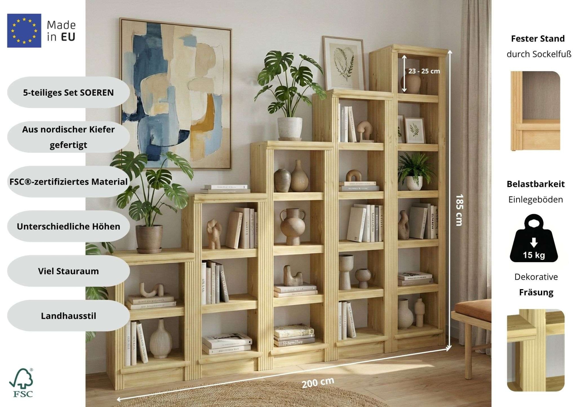 GOODproduct Bibliothek »Riga - Set aus 5 Regalen in unterschiedlichen Höhen« 5 Stk. tlg. Breite/Tiefe je 40/29 cm,Höhe 67 cm, 97 cm, 126 cm, 156 cm und 185 cm