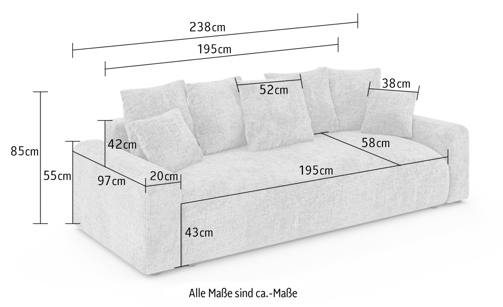Home affaire Canapé Big »LAKESIDE klein 3-Sitzer Schlafsofa mit Bettkasten, Breite 238 cm« Liegefläche 149x195 cm, hoher Sitzkomfort, Masse B/T/H: 238/98/85cm