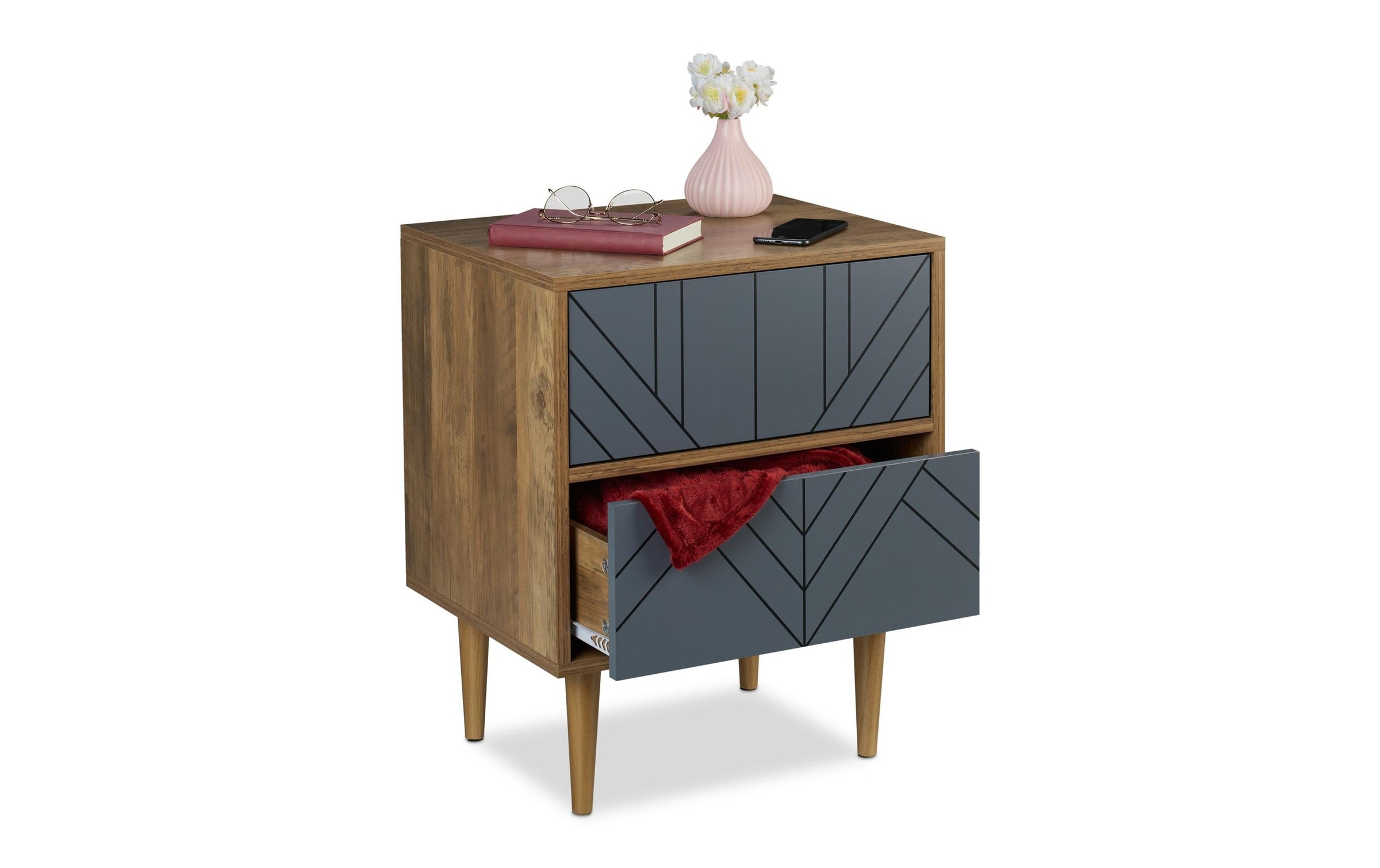 relaxdays Table de nuit »mit 2 Schubladen 60 x 48 cm, Grau/Nature«