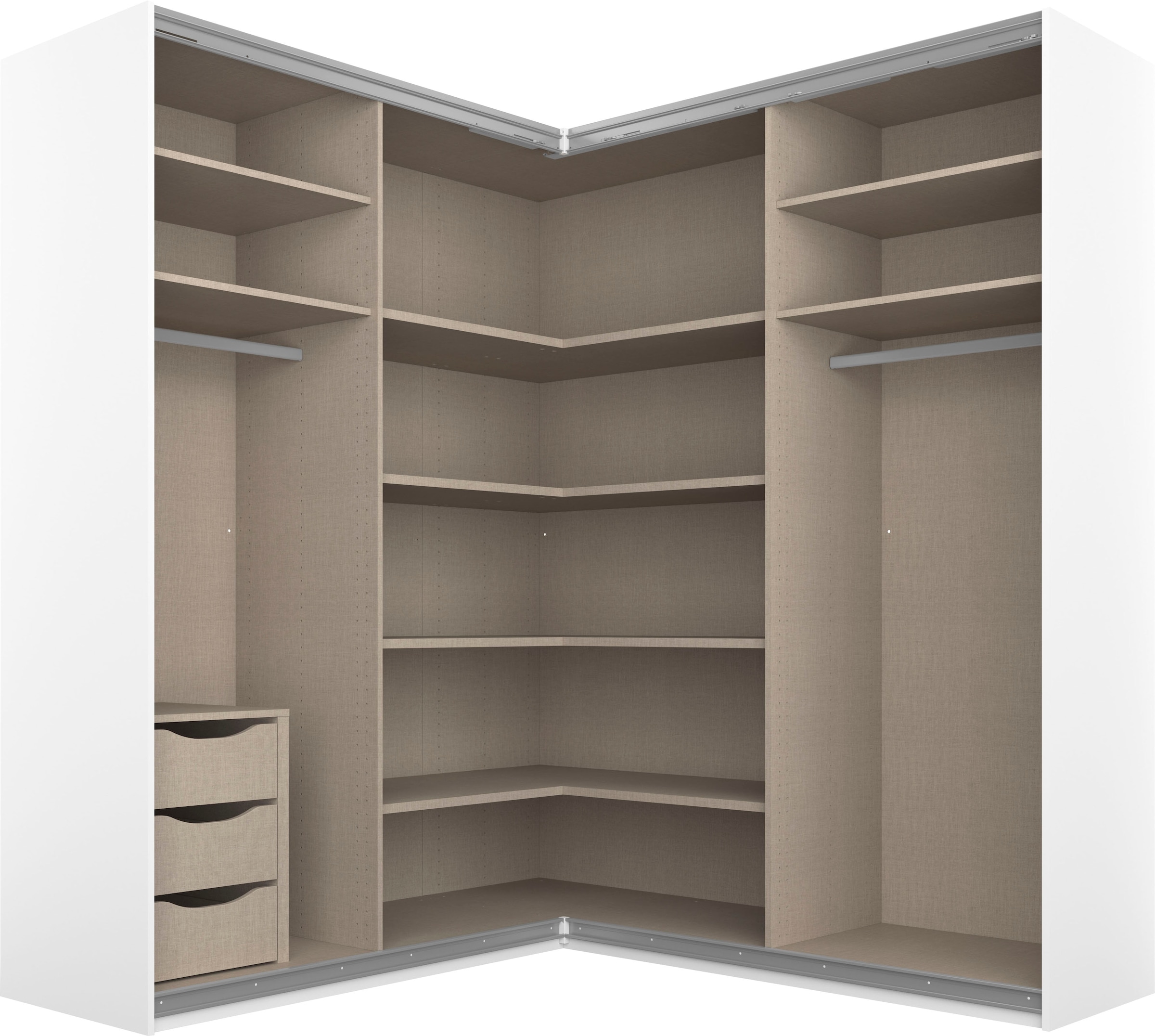 rauch Schwebetürenschrank »Kleiderschrank Garderobe Eckkleiderschrank QUADRA mit edler Glasfront« Mass 181x187 cm, Höhen 210/229 cm, inkl. Soft-Close-Funktion,  extra grosser Eckschrank inkl. Schubladeneinsatz MADE IN GERMANY