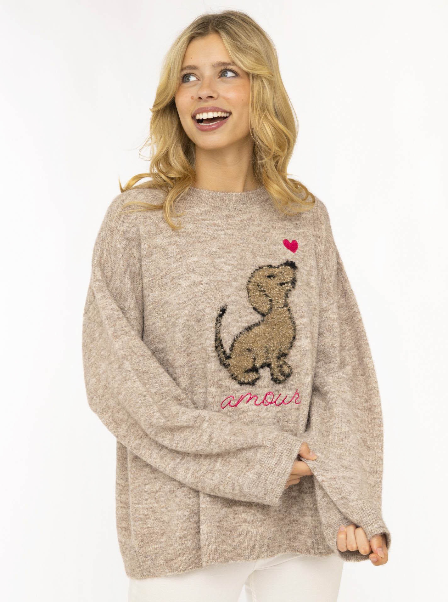 Zwillingsherz Strickpullover »"Dog Amour"« mit Hundemotiv, Rundhals, oversize, überschnittene Schultern, Strick
