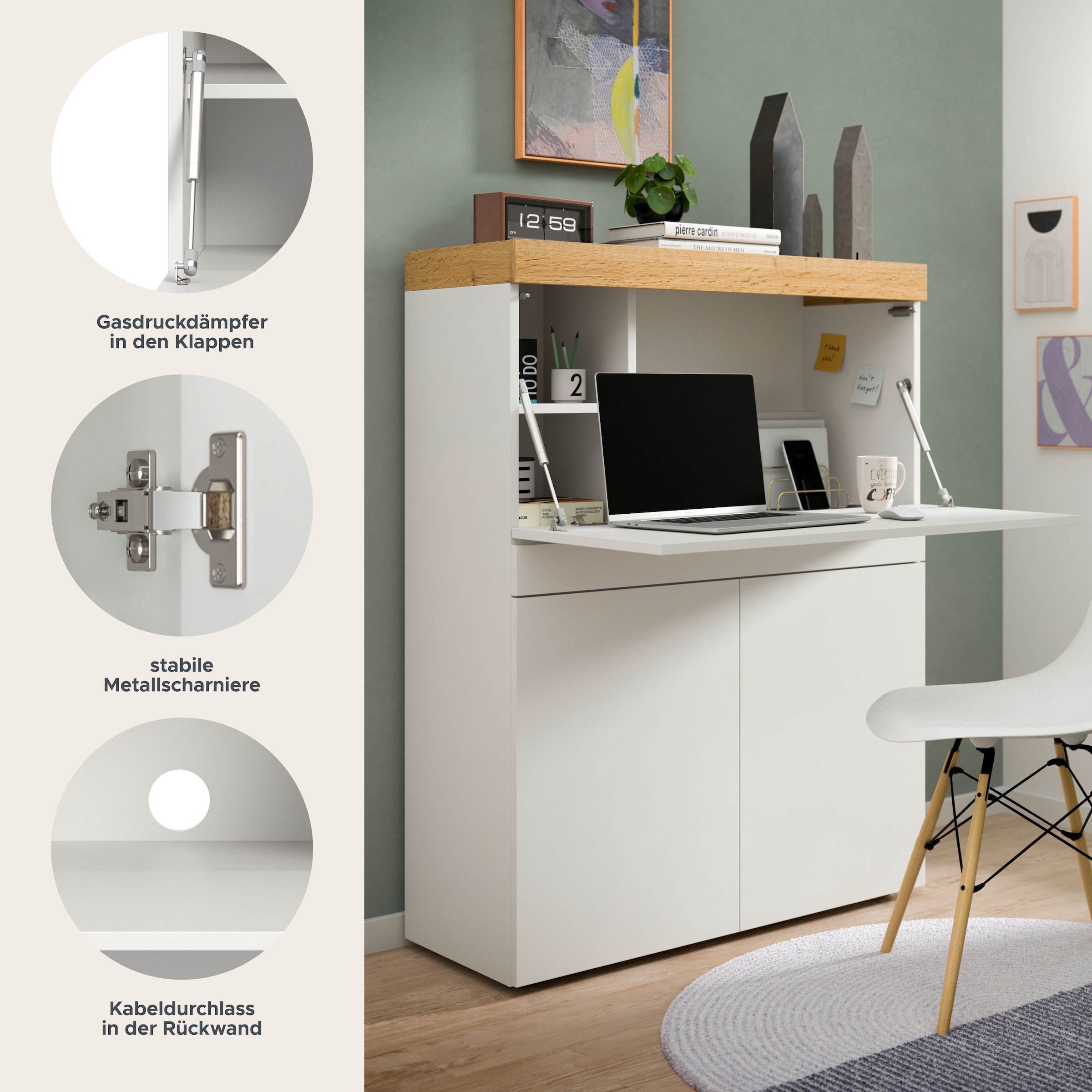 GOODproduct Sekretär »MAMBO, Höhe 122cm, Home-Office-Schreibtisch, PC-Schrank« 2 Türen, 1Klappe, 7 Fächer, 1 Schubkasten, 3 höhenverstellbare Böden,  Multifunktional mit viel Stauraum, klappbare Tischfläche