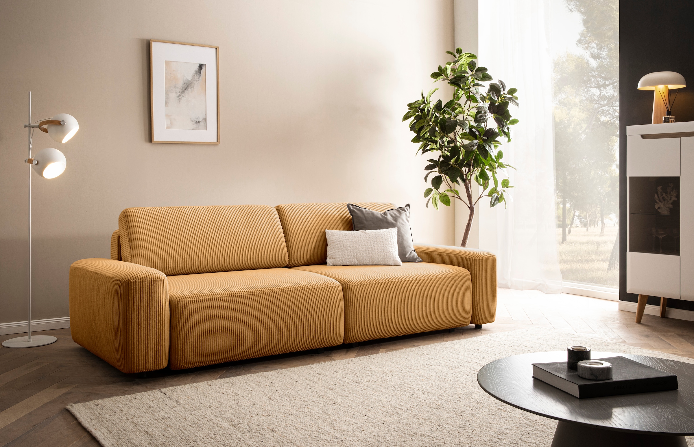 Home affaire 3-Sitzer »TORGE (257cm), Sofa,Schlafsofa in Cord, Samtvelours, Struktur fein« rundes Design, Schlaffunktion u. Bettkasten, Liegefläche: 135/200 cm