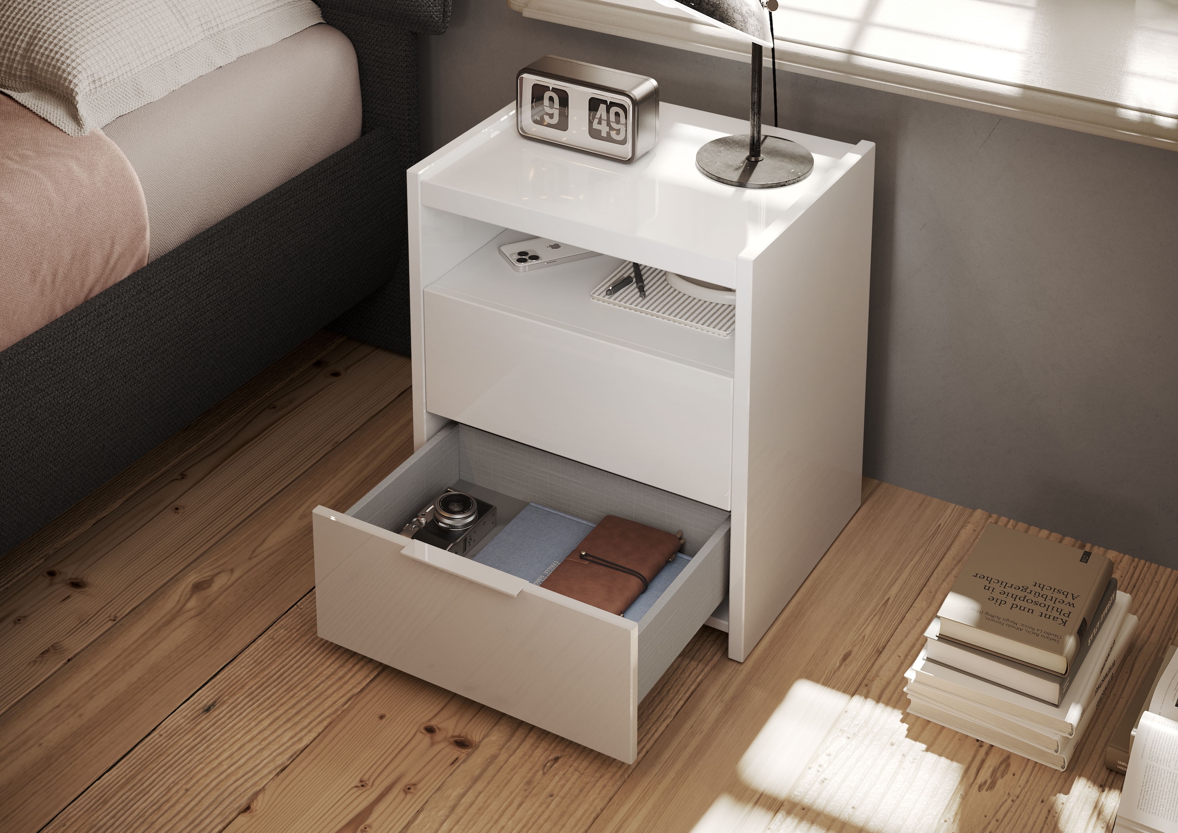 INOSIGN Table de nuit »Malmo, Nachtschrank 2er Set, B/T/H 52/40/58 cm, mit 2 Schubkästen,« Set, 2 Nachtkommoden,  offene Ablage, Top 22 mm stark, Metallgriff, Weiss Hochglanz Lack