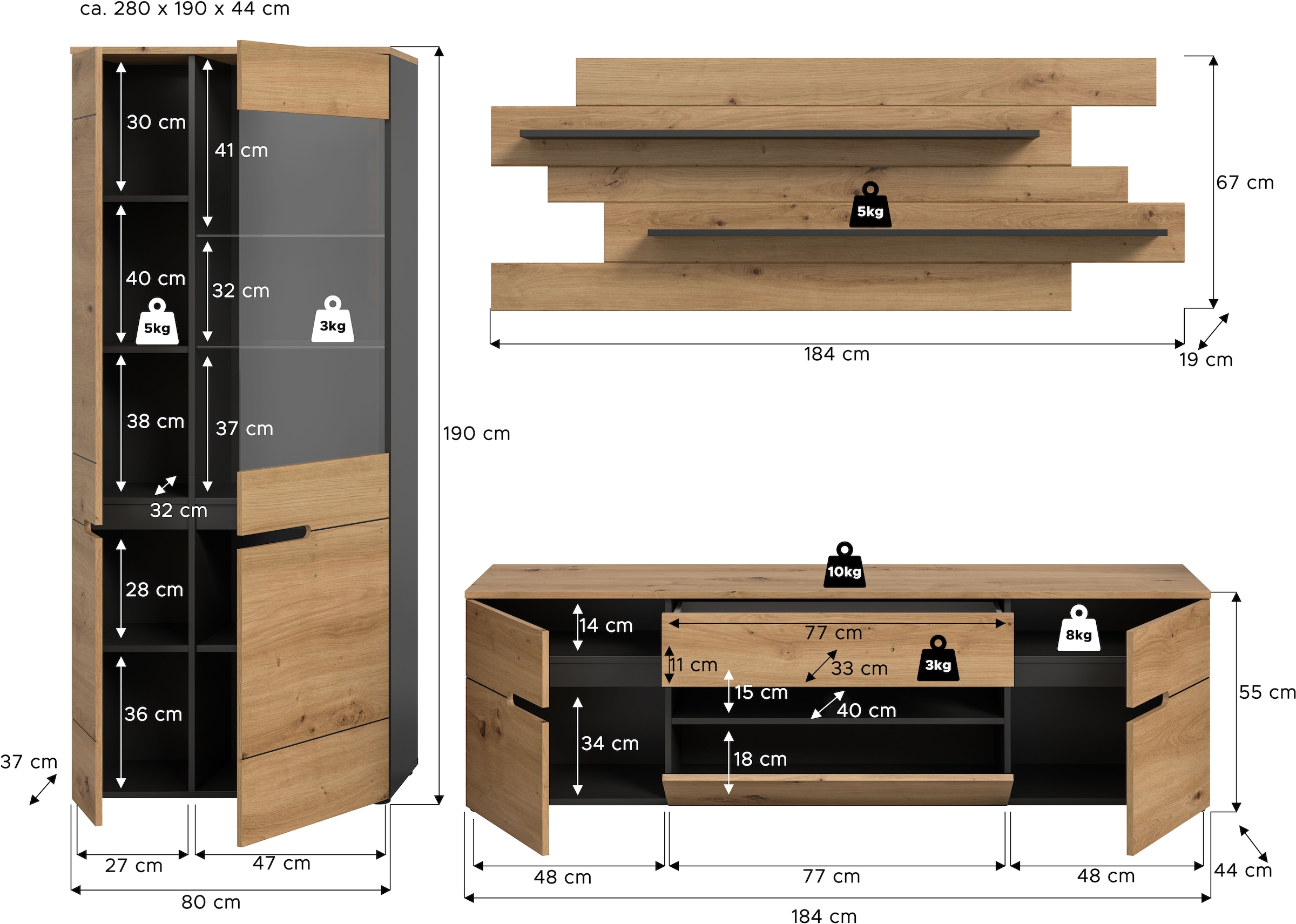 Home affaire Meuble mural »REHAT, TOPSELLER!, 3-teilig, Breite 280 cm, individuell stellbar« Set composé de : vitrine, meuble bas et étagère murale, 3 cuis tlg.