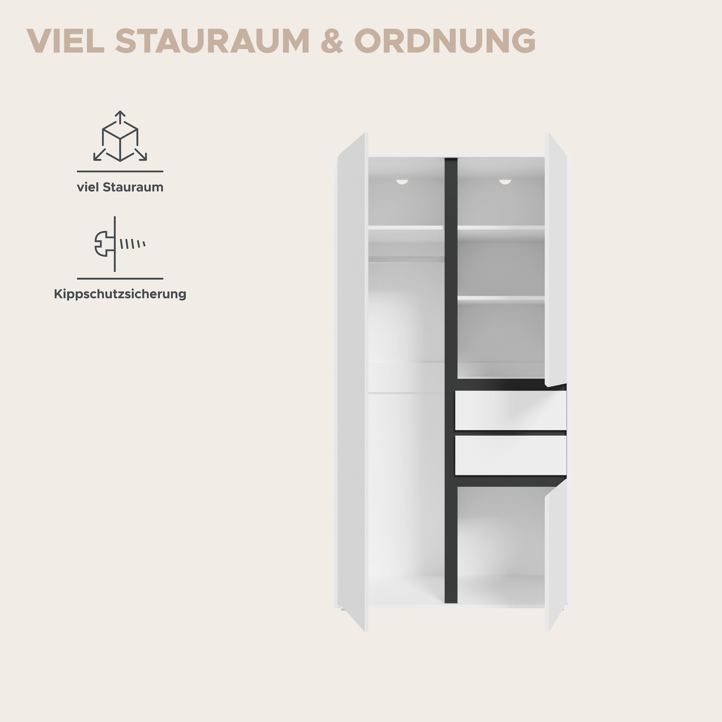Home affaire Armoires à vêtements »NULA, Schlafzimmerschrank, Garderobe, Schrank« in verschiedenen Ausführungen und Farben erhältlich, 1 cuis tlg. 3 Türen, 2 Schubkästen, 1 E-Boden, 5 K-Böden, 1 Kleiderstange