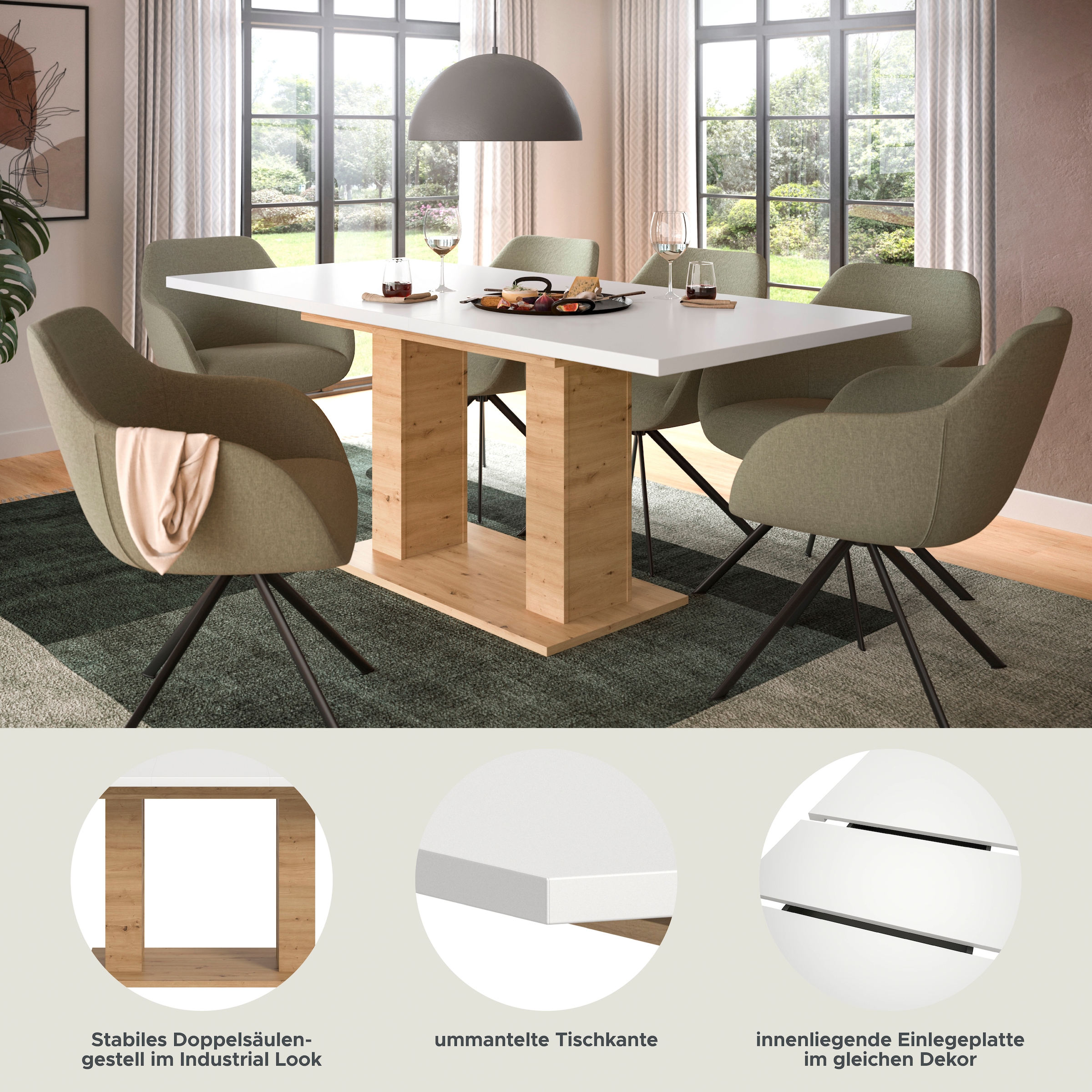 Home affaire Esstisch »Motus, ausziehbar 150 -190 cm, inklusive 40 cm Einlegeplatte« Set, 1 Stk. tlg. Doppelsäulengestell mit Bodenplatte, Tisch, Esstisch, Küche