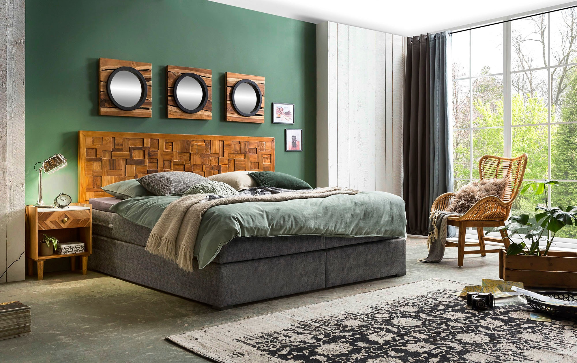 SIT Boxspringbett »Zwolle mit Holz-Mosaik-Kopfteil & 7-Zonen Matratze« Einzigartiges Teakholz-Mosaik Kopfteil & komfortabler Topper