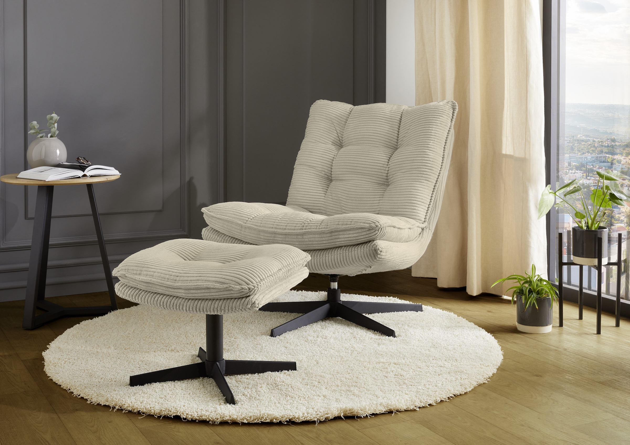 Jockenhöfer Gruppe Fauteuil de relaxation »Kasper, B: 76 cm, Sitzhöhe: 47 cm« Ensemble : avec tabouret, fonction pivotante à 360°, velours côtelé
