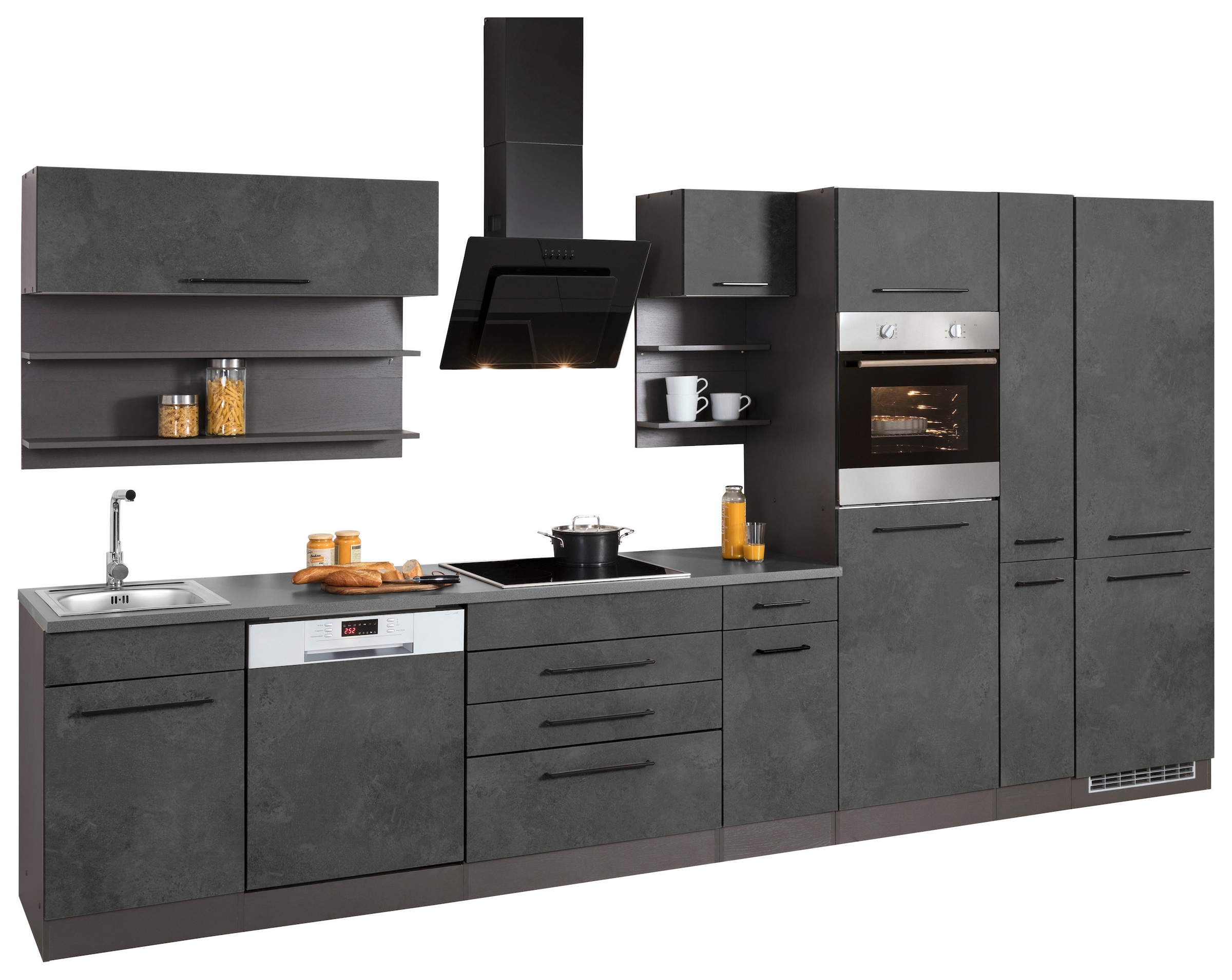 KOCHSTATION Küchenzeile »KS-Tulsa« ohne E-Geräte, Breite 380 cm, schwarze Metallgriffe, MDF Fronten