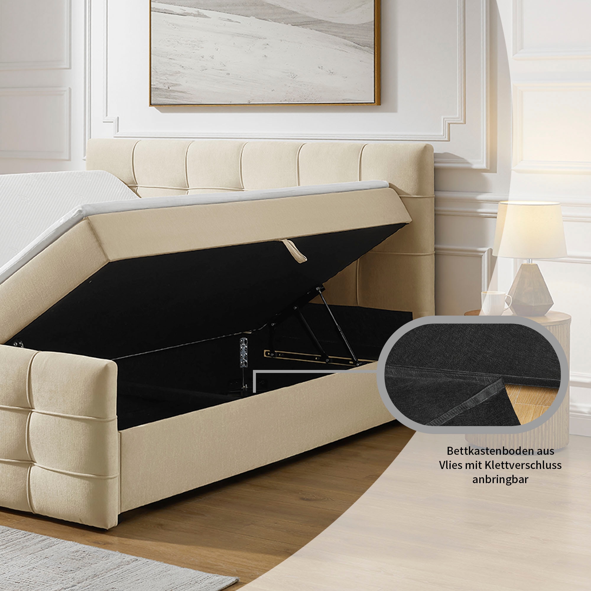 GOODproduct Lit de boxe »LILIENNE, Polsterbett mit Bettkasten und Taschenfederkernmatratze H3« avec surmatelas en mousse froide, revêtement en chenille, 160x200 & 180x200 cm