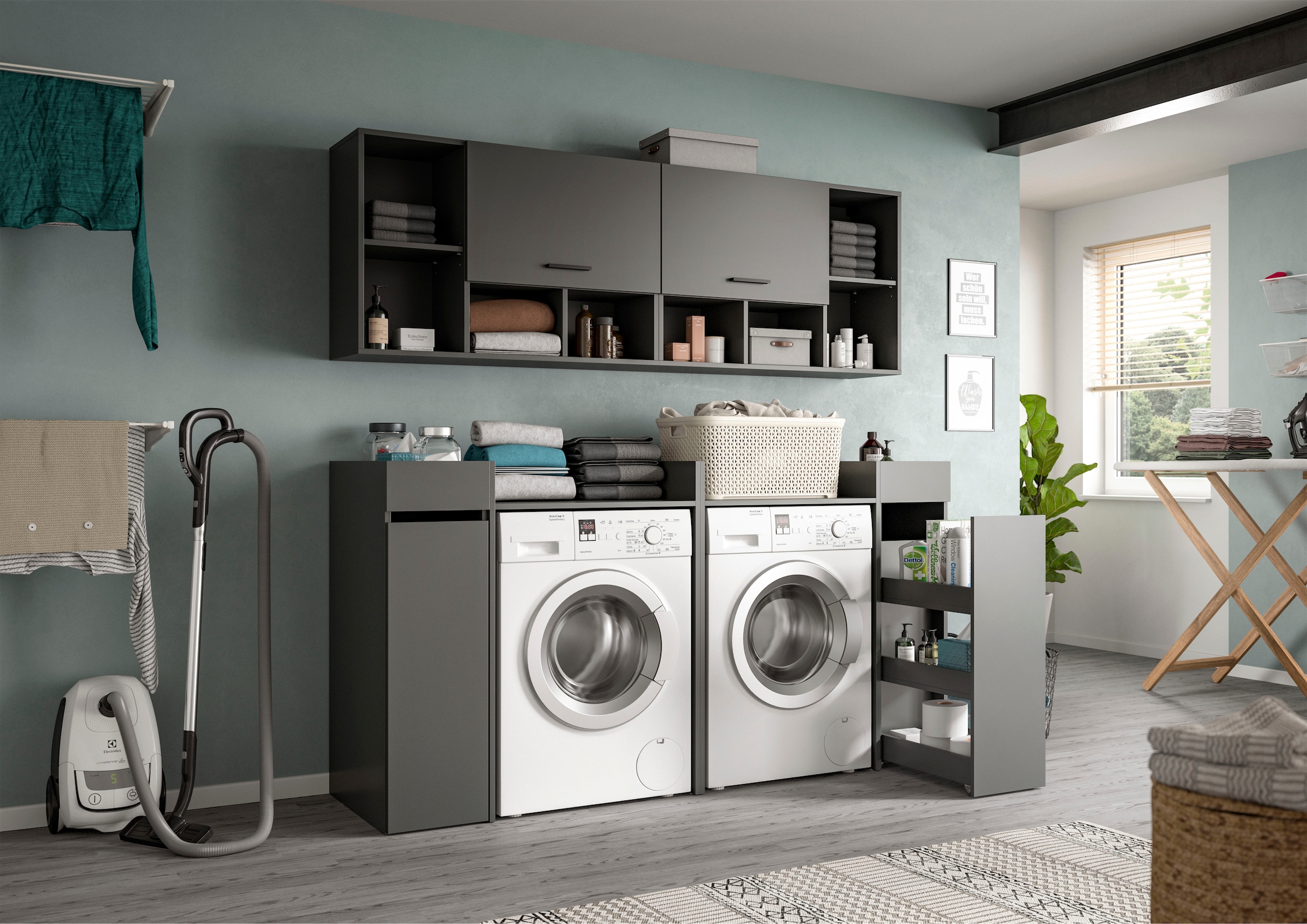 welltime Badmöbel-Set »FALAS, TOPSELLER!, 6-teilig, Hauswirtschaftsraum Set, Breite 190 cm« Set, 2x Waschmaschinenumbauschrank, 2x Standregal & 2x Hängeschrank, 6 Stk. tlg.