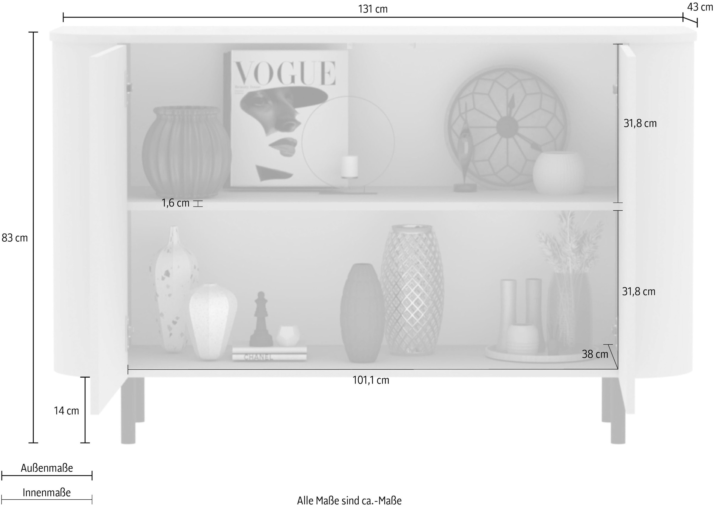 GOODproduct Sideboard »Lido, 131 cm breit, 2 Türen, Anrichte, Kommode, Stauraumschrank« Formgebogenes MDF, Stirnseiten mit Rundung, Push-to-open, Metallfüsse