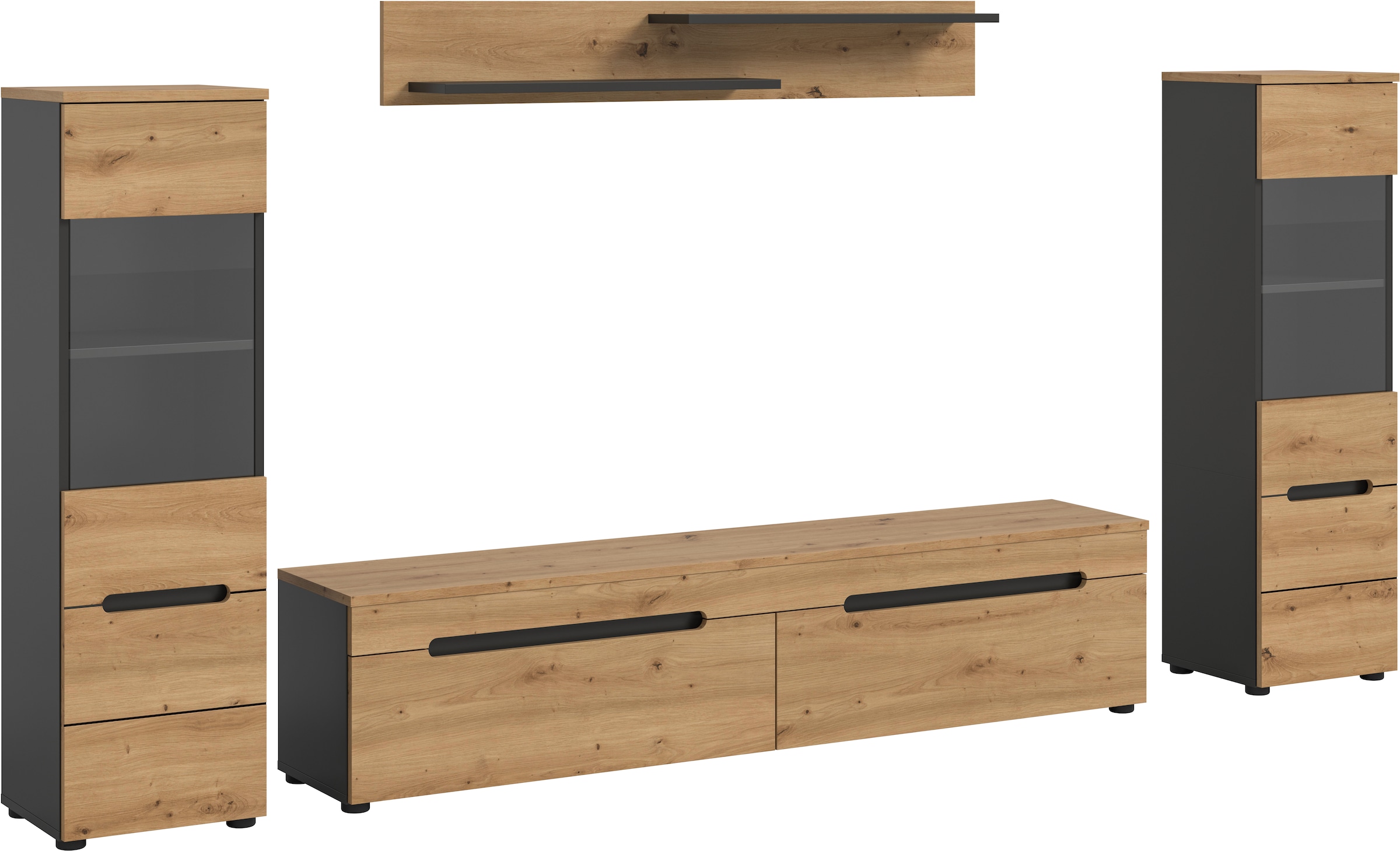 Home affaire Wohnwand »REHAT, 4-teilig, wahlweise stehend und hängend montierbar« Set bestehend aus: 2x Vitrine, Lowboard und Wandboard, 3 Stk. tlg.