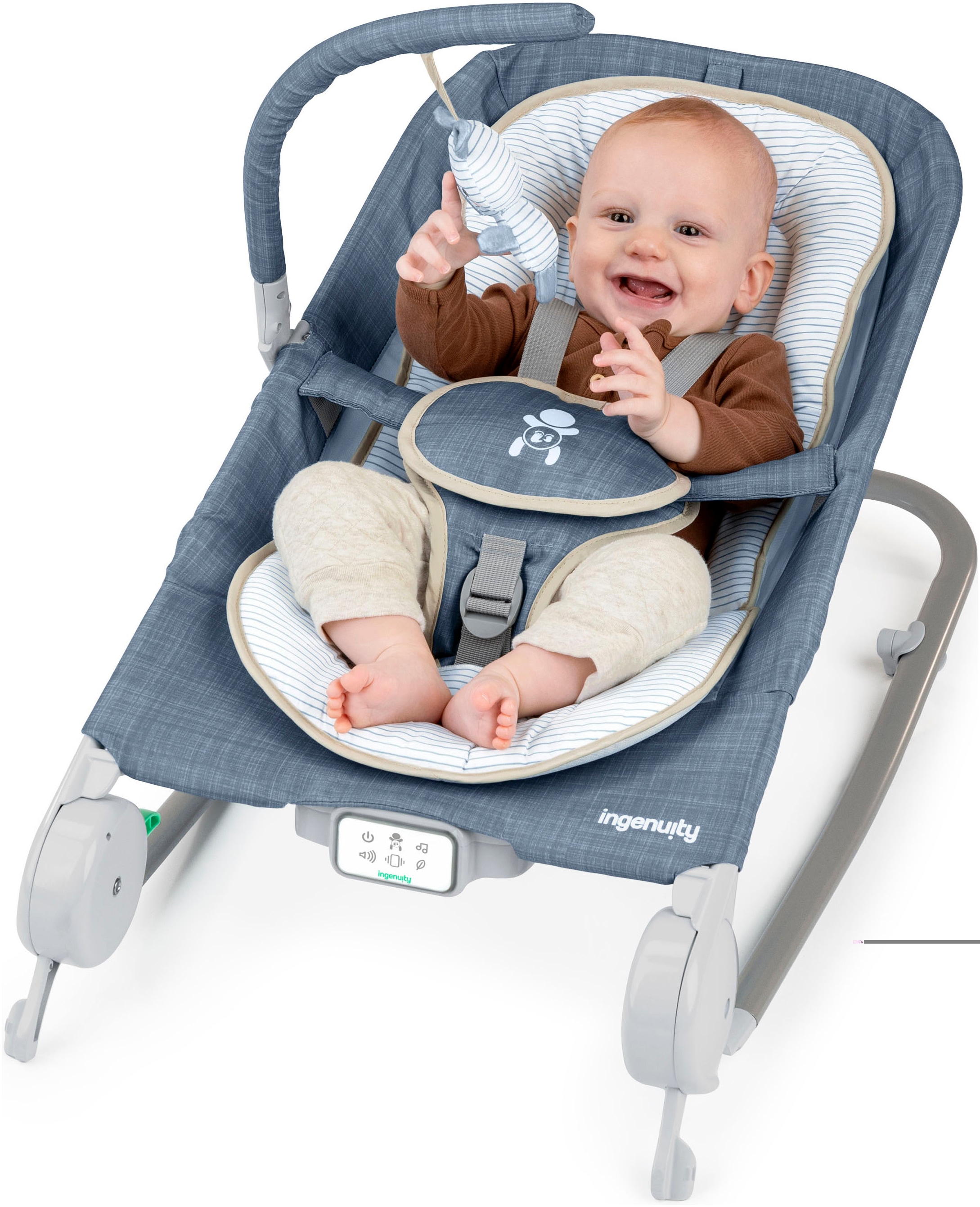 ingenuity Babywippe »Happy Belly™ Rock-to-Bounce Massage Seat - Chambray« bis 9 kg mit Melodien und Geräuschen