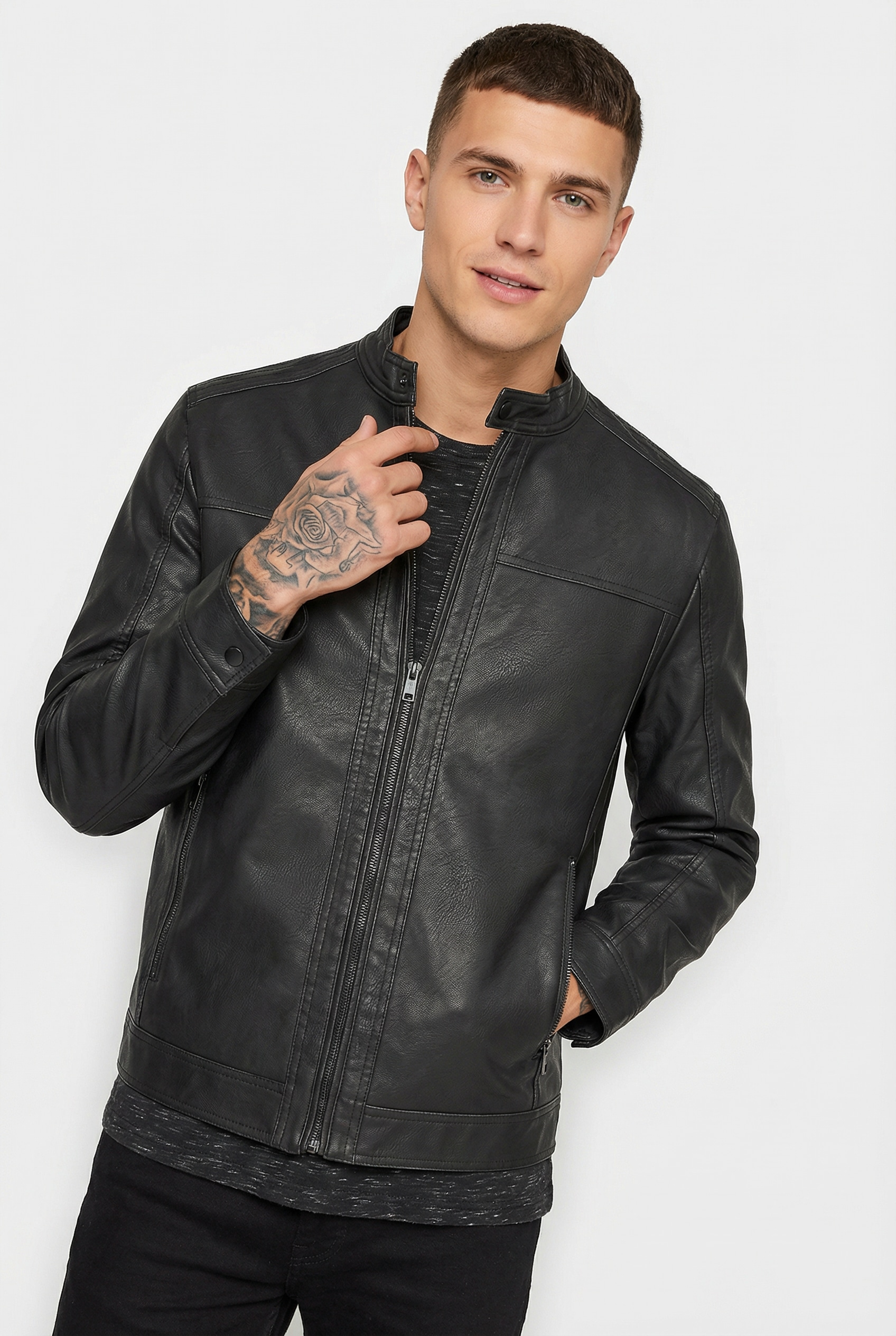 Jack & Jones Veste en imitation cuir »JJEWARNER WASHED PU JACKET NOOS« ohne Kapuze mit Bandkragen