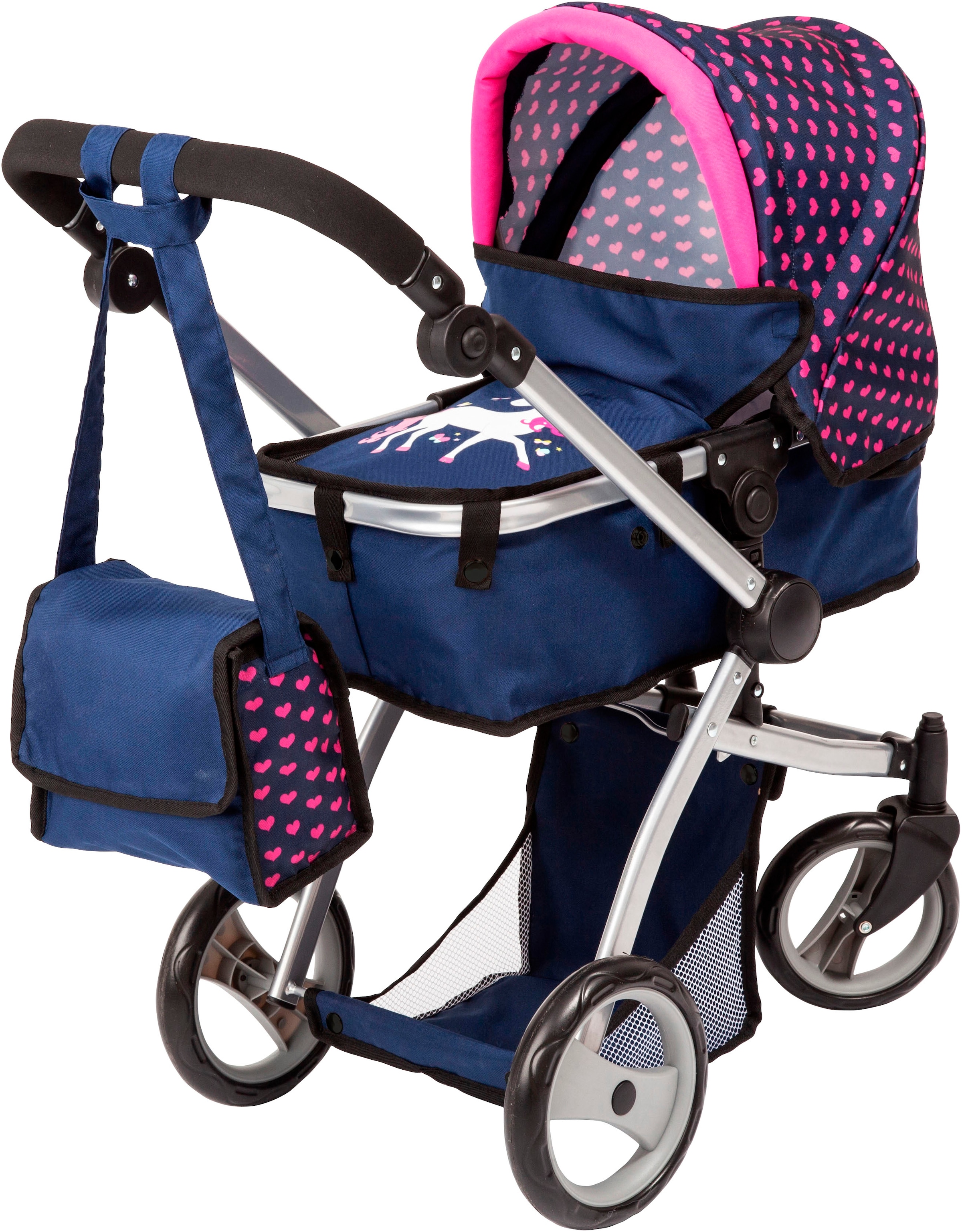 Bayer Poussette de poupée »Mega, blau« mit Reisebett, Schlafsack, Puppentrage, Wickeltasche und Zubehör