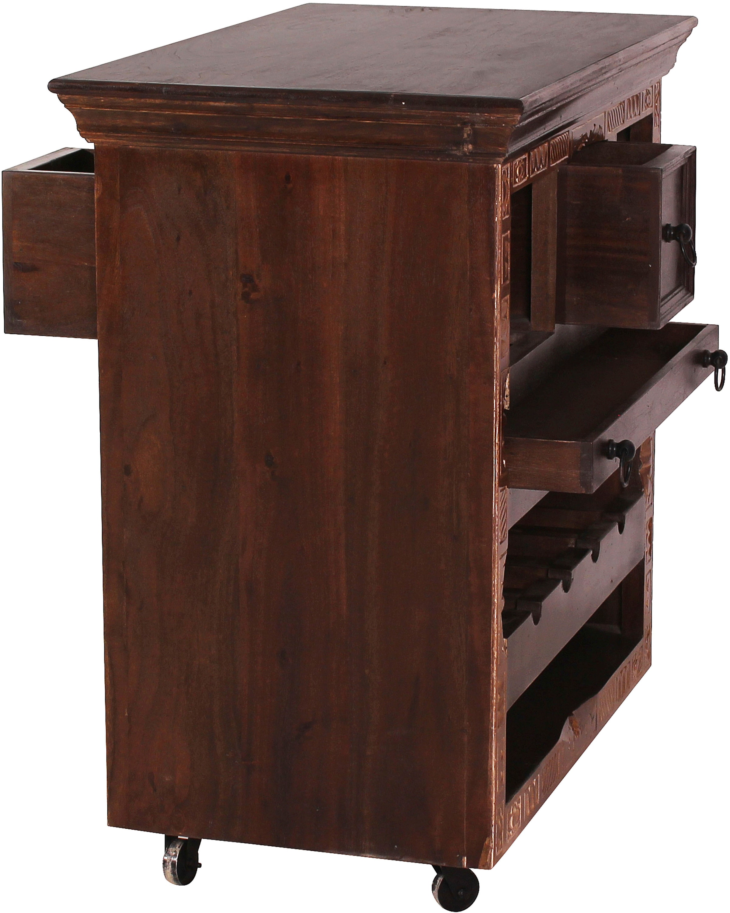 SIT Mehrzweckschrank »Xiamen Küchenwagen aus Altholz mit Rollen, Tablett & Stauraum« 3 Schubladen, Flaschenablage & herausnehmbares Tablett