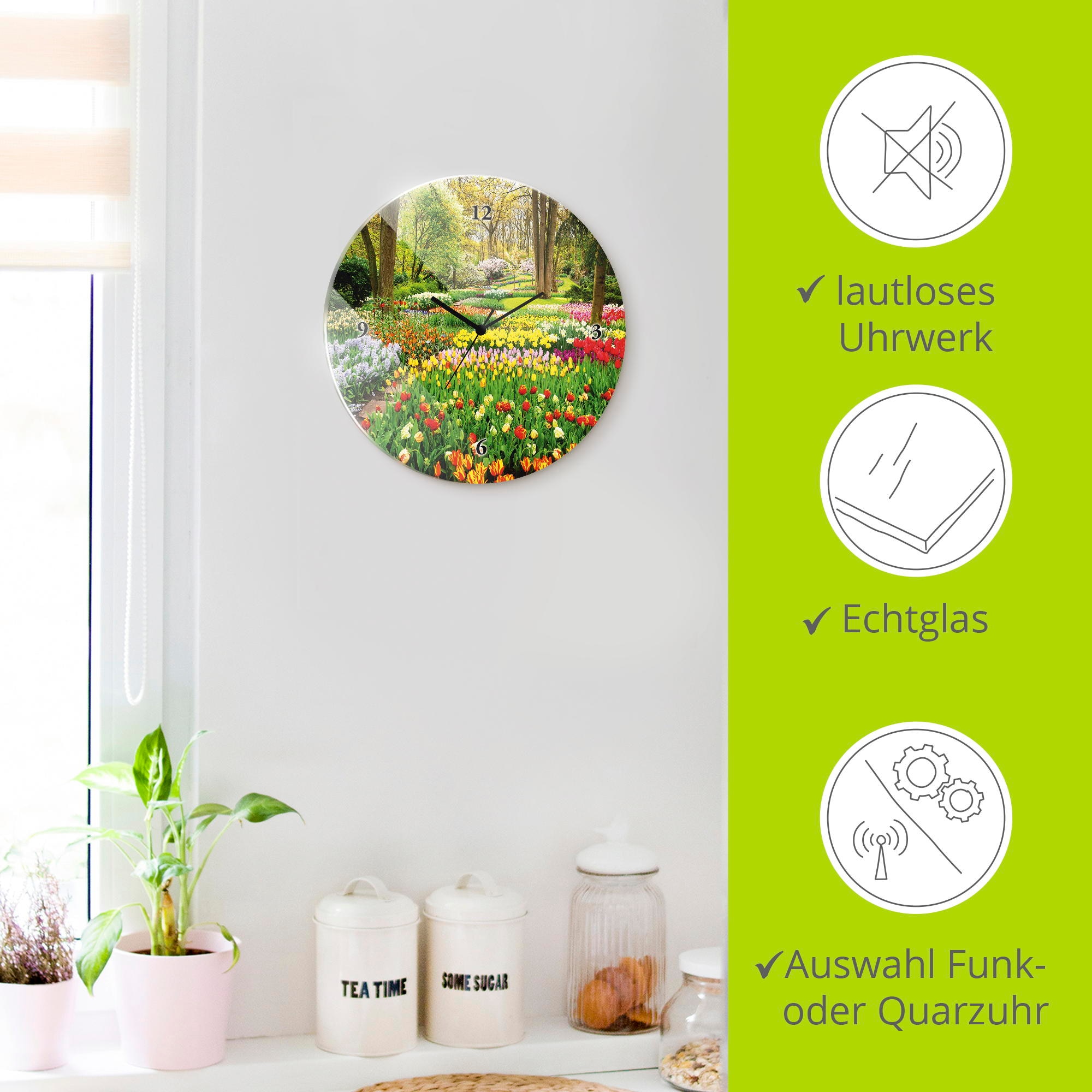 Artland Horloge murale »Glasuhr rund Tulpen Garten Frühling« wahlweise mit Quarz- oder Funkuhrwerk, lautlos ohne Tickgeräusche