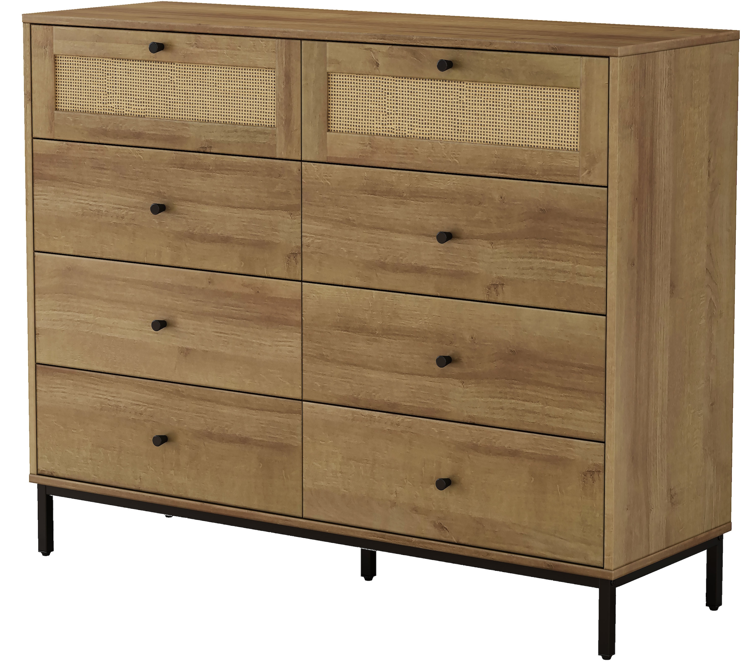 GOODproduct Kombikommode »Motala Wäsche Schrank mit 8 Schubladen Sideboard BOHO Design« Eichen-Design mit schwarzen Griffen und Geflecht Schubladen, 
