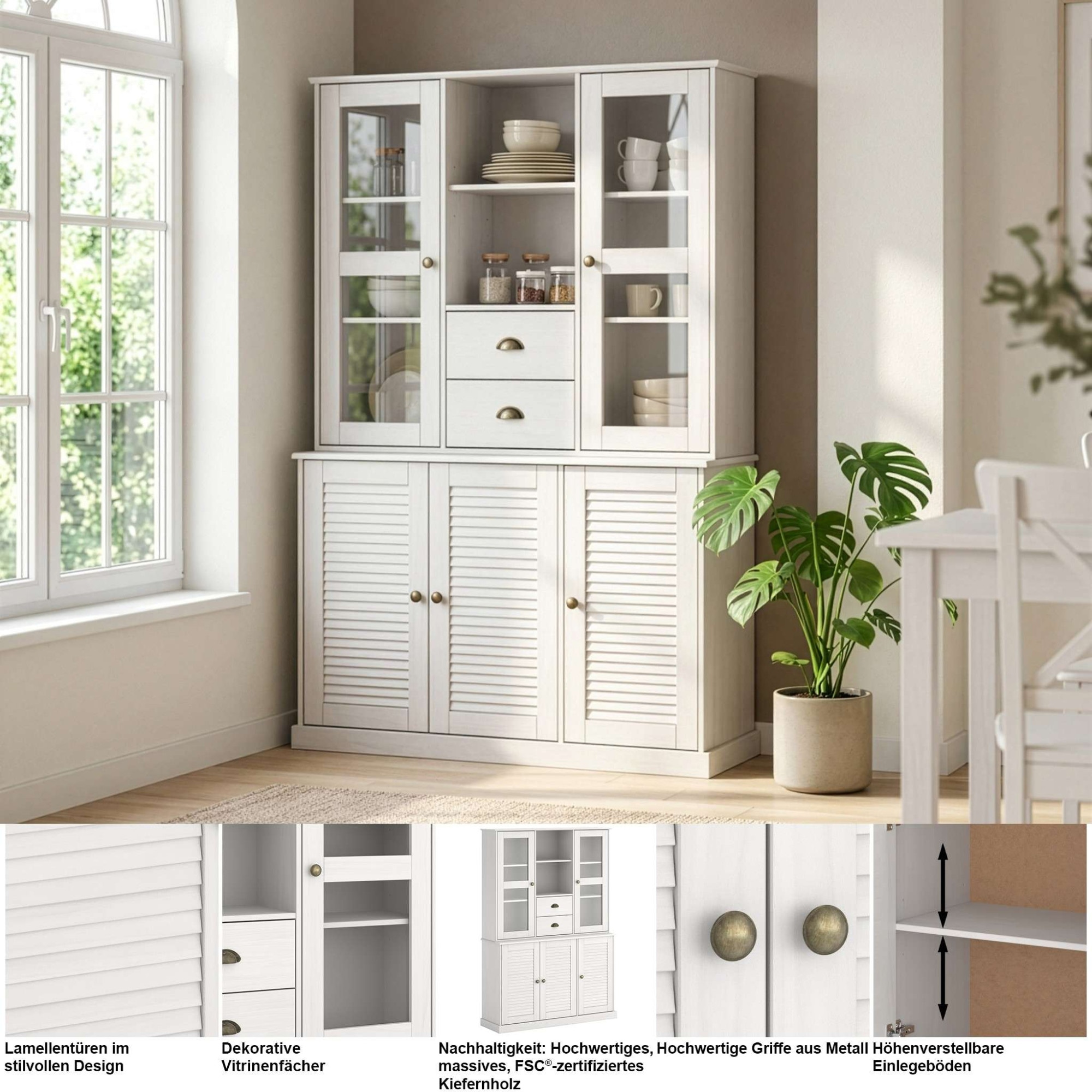 GOODproduct Buffet »Turia« mit Glas- u. Lamellentüren, aus massivem Kiefernholz FSC®, Höhe 180 cm