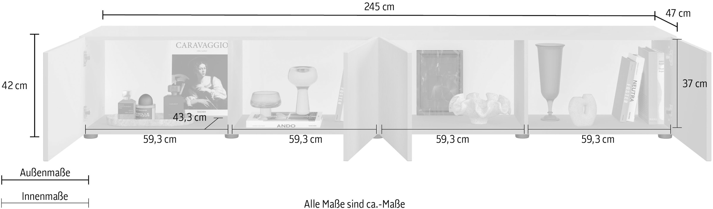 Home affaire Table basse »Rio, 245 cm breit, 47 cm tief, 4 Türen mit geriffelten MDF Fronten« Modernes Lowboard für bis zu 98-Zoll-TV – perfekt für die WM