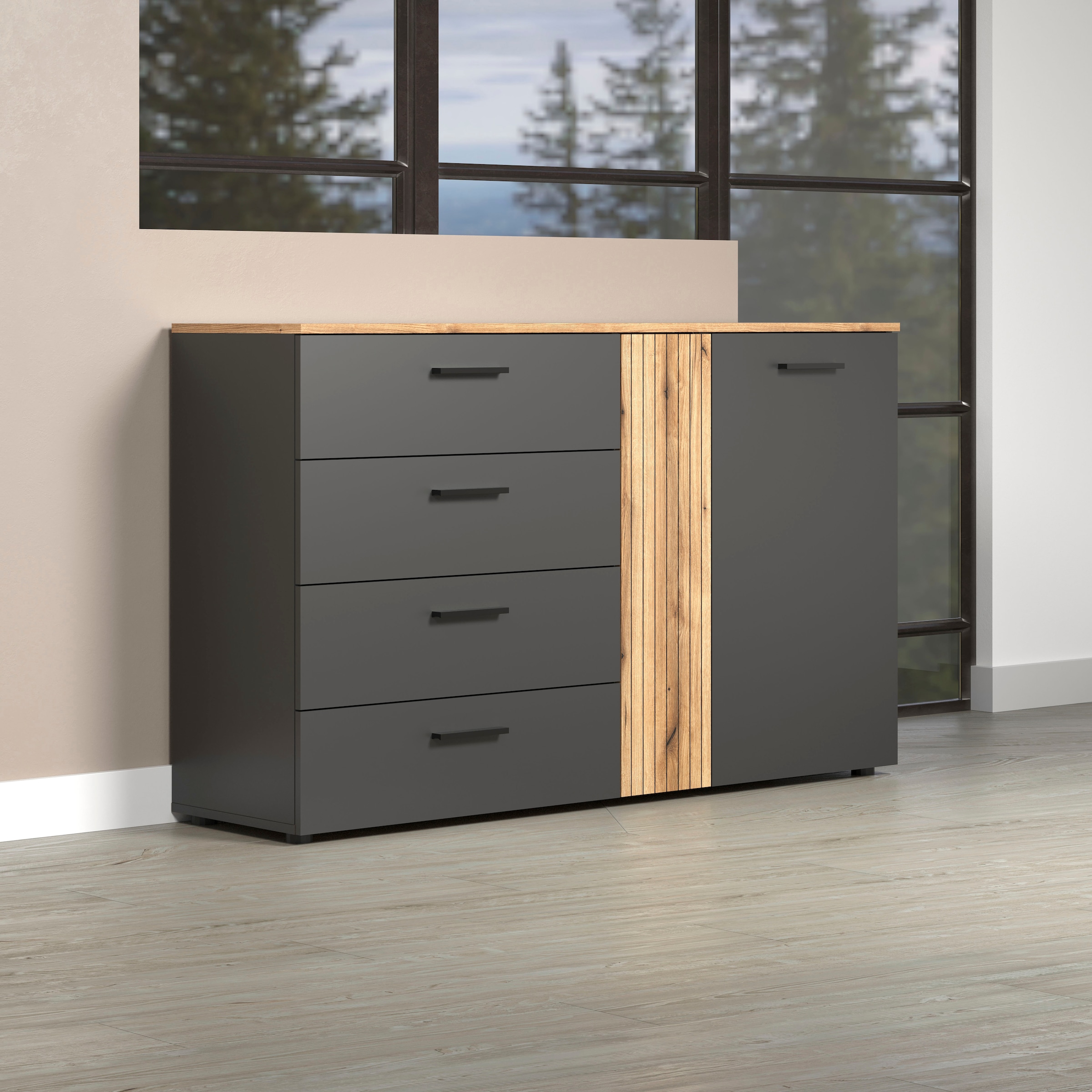 Home affaire Commode »Estepona« 1 cuis tlg. armoire à tiroirs à effet rainuré avec fonction de sortie totale