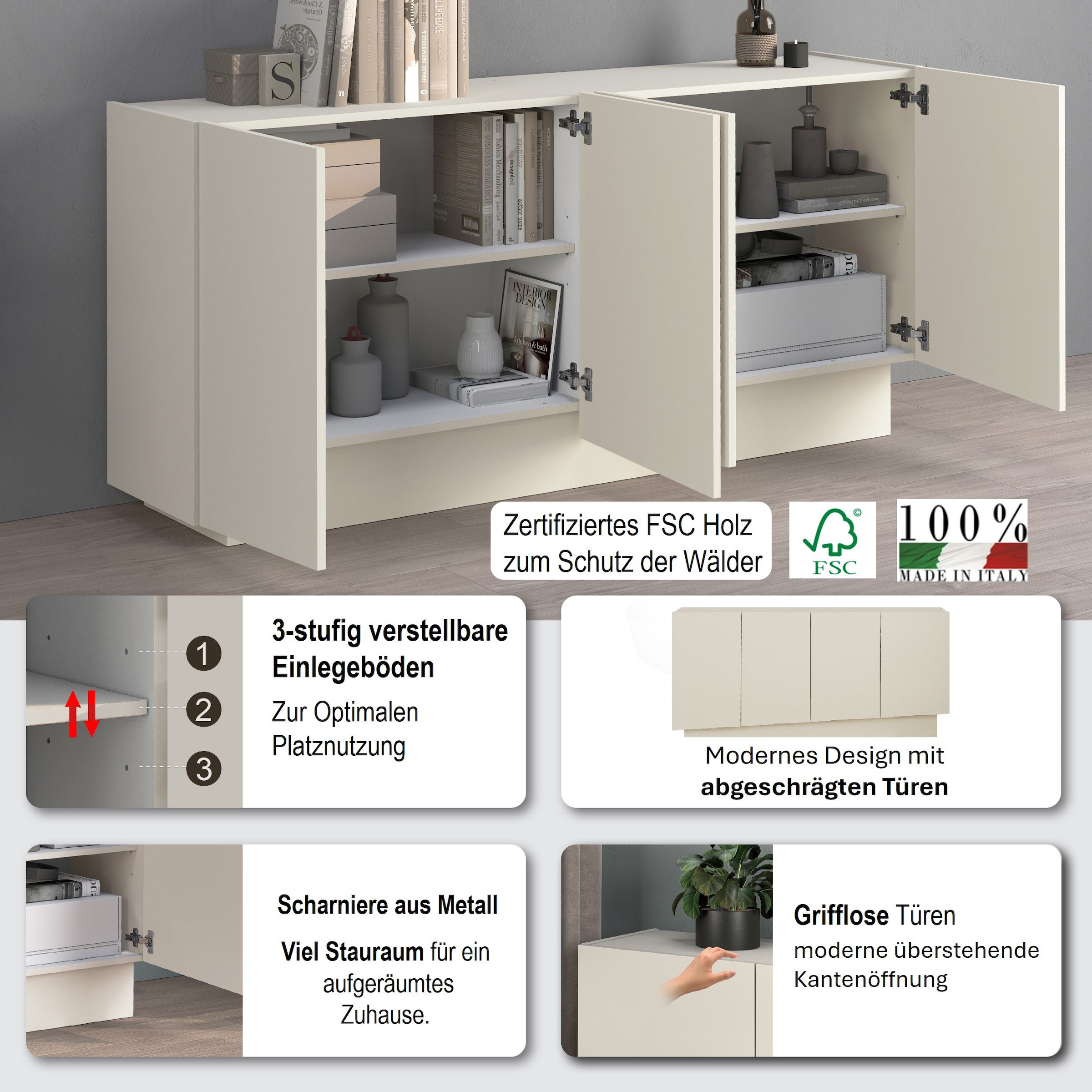 INOSIGN Sideboard »VELA, Sideboard, Breite 160 cm, Design mit schrägen Türen« 1 cuis tlg. Made in Italy, Masse-B/T/H: 160x35x75,Sideboard, Anrichte, Kommode