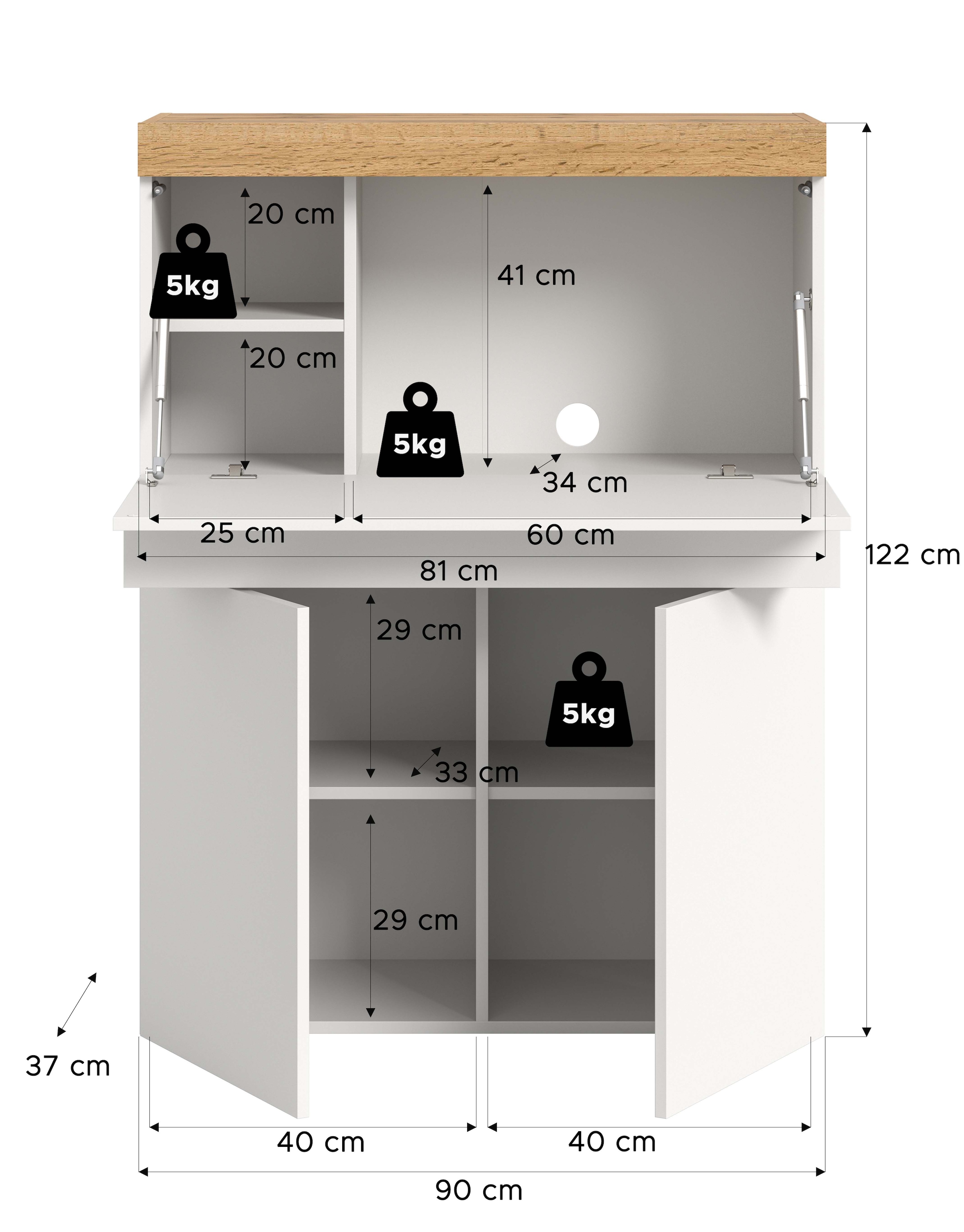 GOODproduct Sekretär »MAMBO, Höhe 122cm, Home-Office-Schreibtisch, PC-Schrank« 2 Türen, 1Klappe, 7 Fächer, 1 Schubkasten, 3 höhenverstellbare Böden,  Multifunktional mit viel Stauraum, klappbare Tischfläche