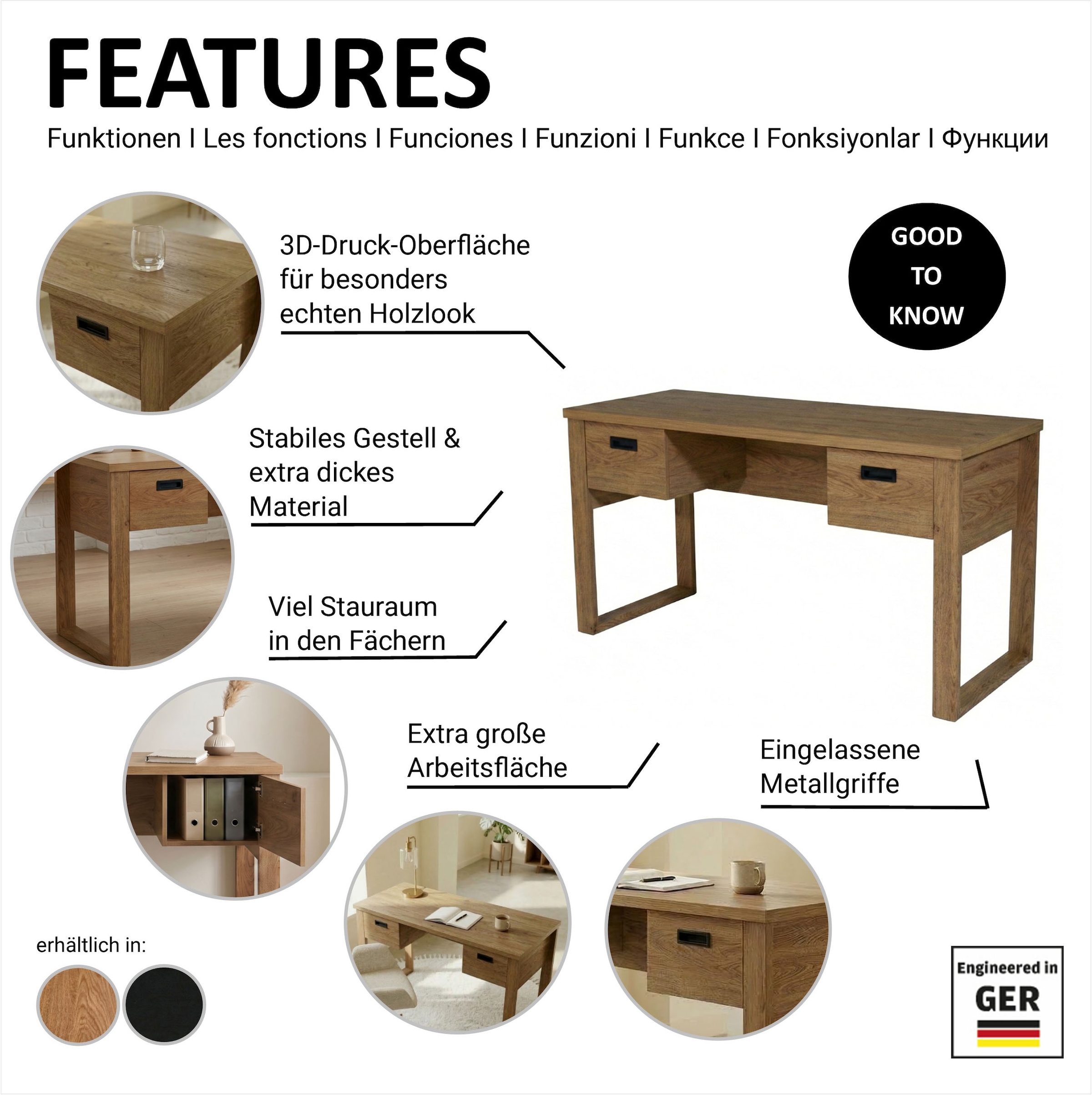 Jahnke Bureau »RIVA D 140« Bureau, espace de rangement, 2 portes, poignées en métal, aspect chêne, largeur : 140 cm