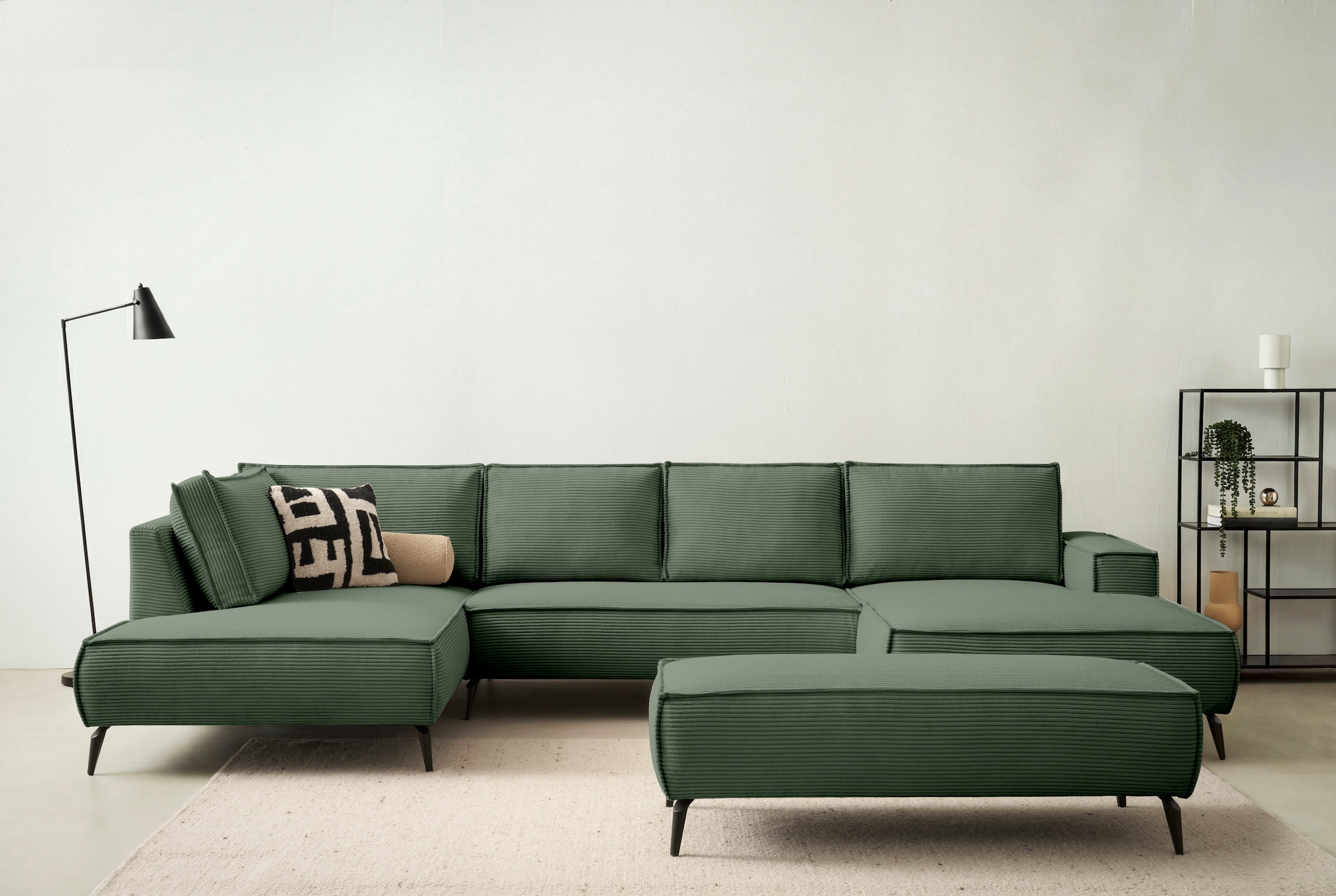 Home affaire Wohnlandschaft »mit Hocker, TVINNU, moderne U-Form in Cord oder Leinenoptik« Recamiere rechts/links, stellbar zum Schlafsofa (Krokodilverbinder)