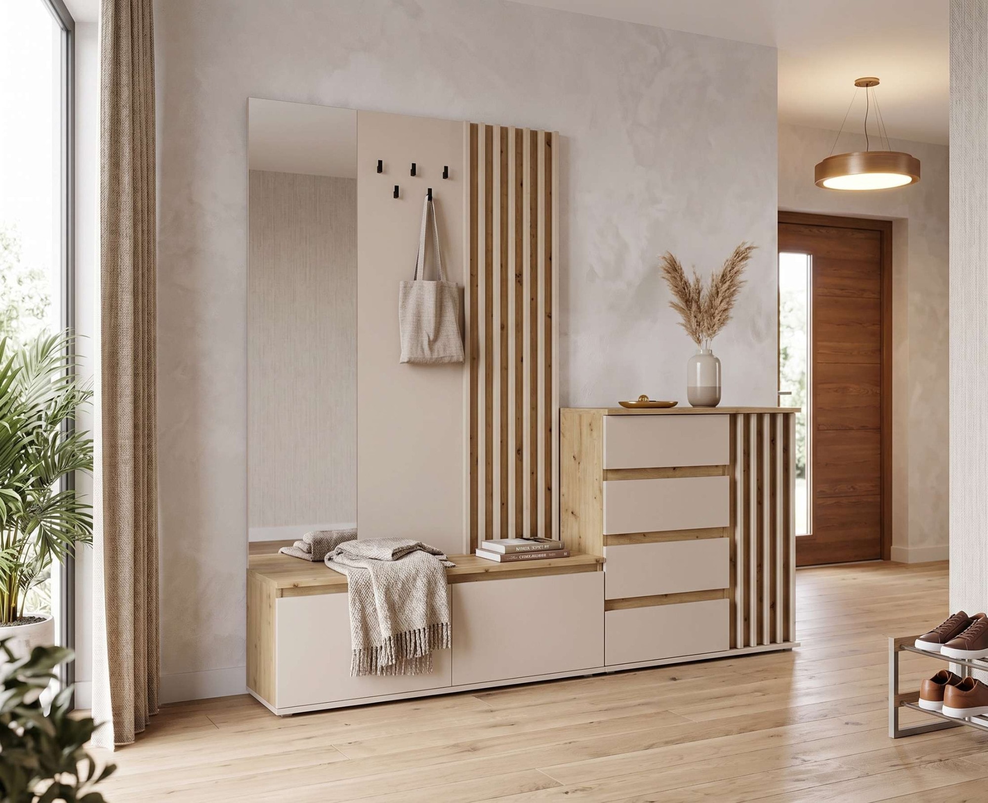 Home affaire Panneau de vestiaire »LANDUVA Garderobe mit Schuhschrank, Spiegel und Haken, Breite 120 cm« Ensemble de vestiaire, vestiaire compact, avec banc, design à lamelles