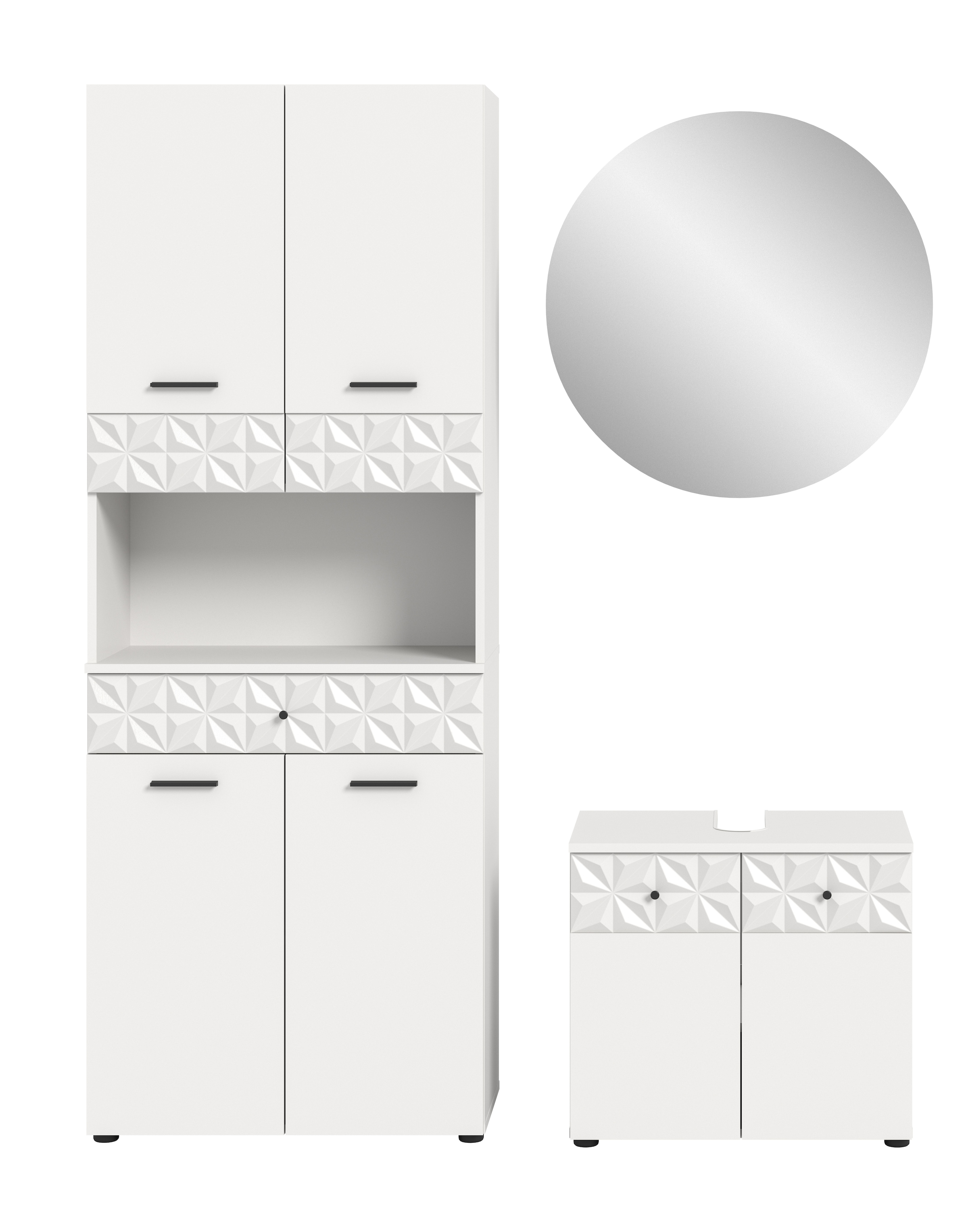 INOSIGN Badezimmer-Set »VICENZA, TOPSELLER!, Breite 145cm, 3-teilig, mit Ornamentabsetzung« best. aus: Hochschrank, Waschbeckenunterschrank und Spiegelschrank, 