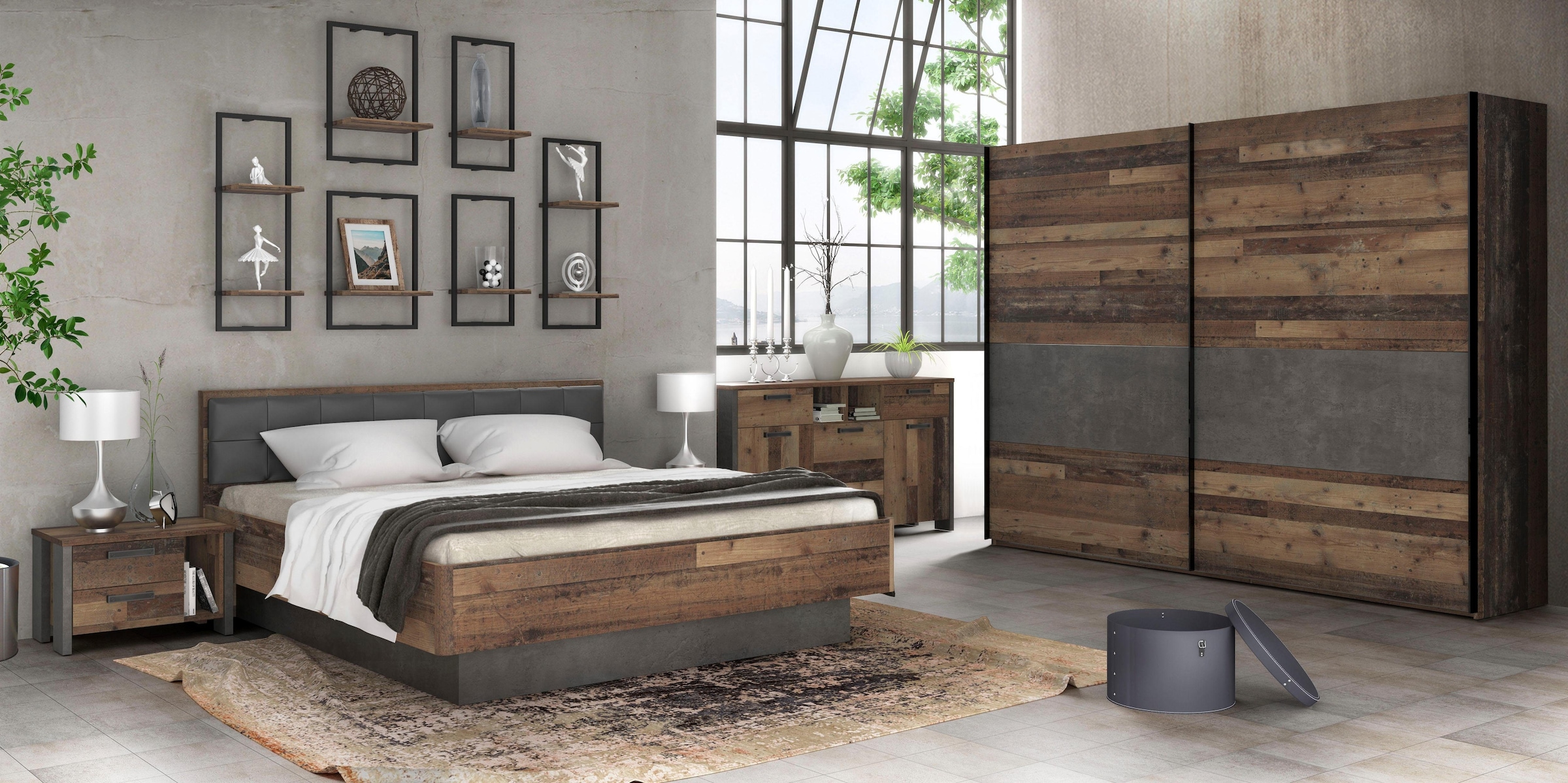 FORTE Lit futon »Clif, Bettanlage, Old – Wood Vintage, Betonoptik Dunkelgrau« Surface de couchage 180x200 cm,  avec tête de lit rembourrée en simili cuir, supporte jusqu’à 220KG