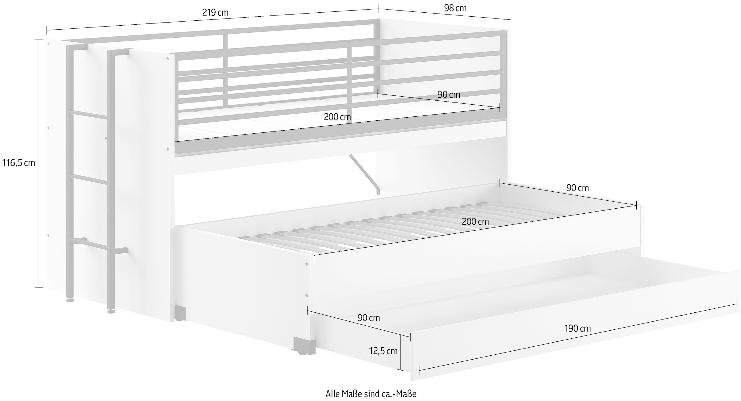 Vipack Lit superposé »praktisches Etagenbett mit viel Funktion, 2 Dekore zur Wahl« L/H/P env. 219x114x98 cm, échelle métal et protection anti-chute noire,  pour petits espaces, 2 surfaces de couchage, tiroir-lit, incl. bureau