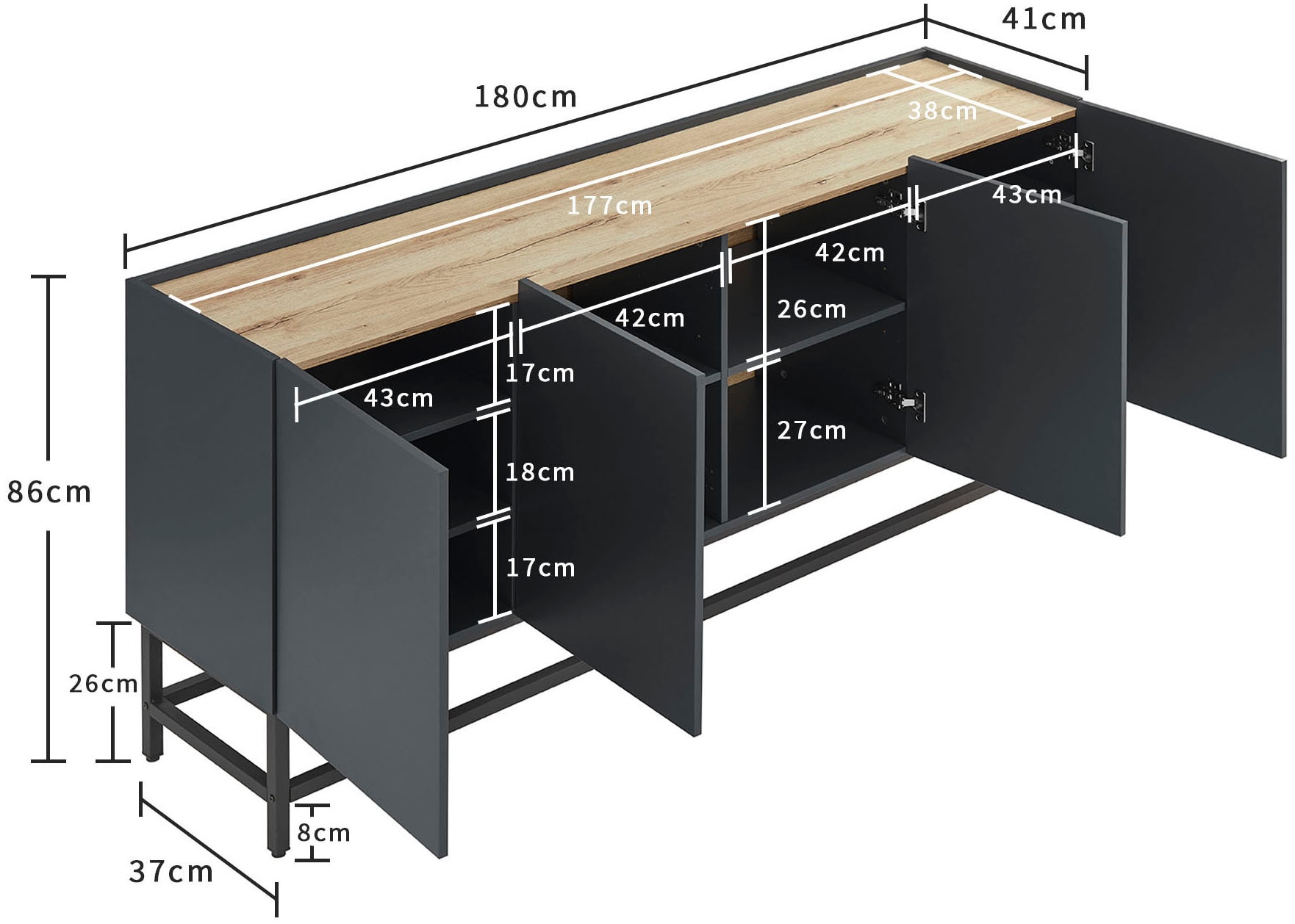 GOODproduct Sideboard »Azly« pflegeleichte Melaminoberfläche, Metallgestell, ABS-Kanten