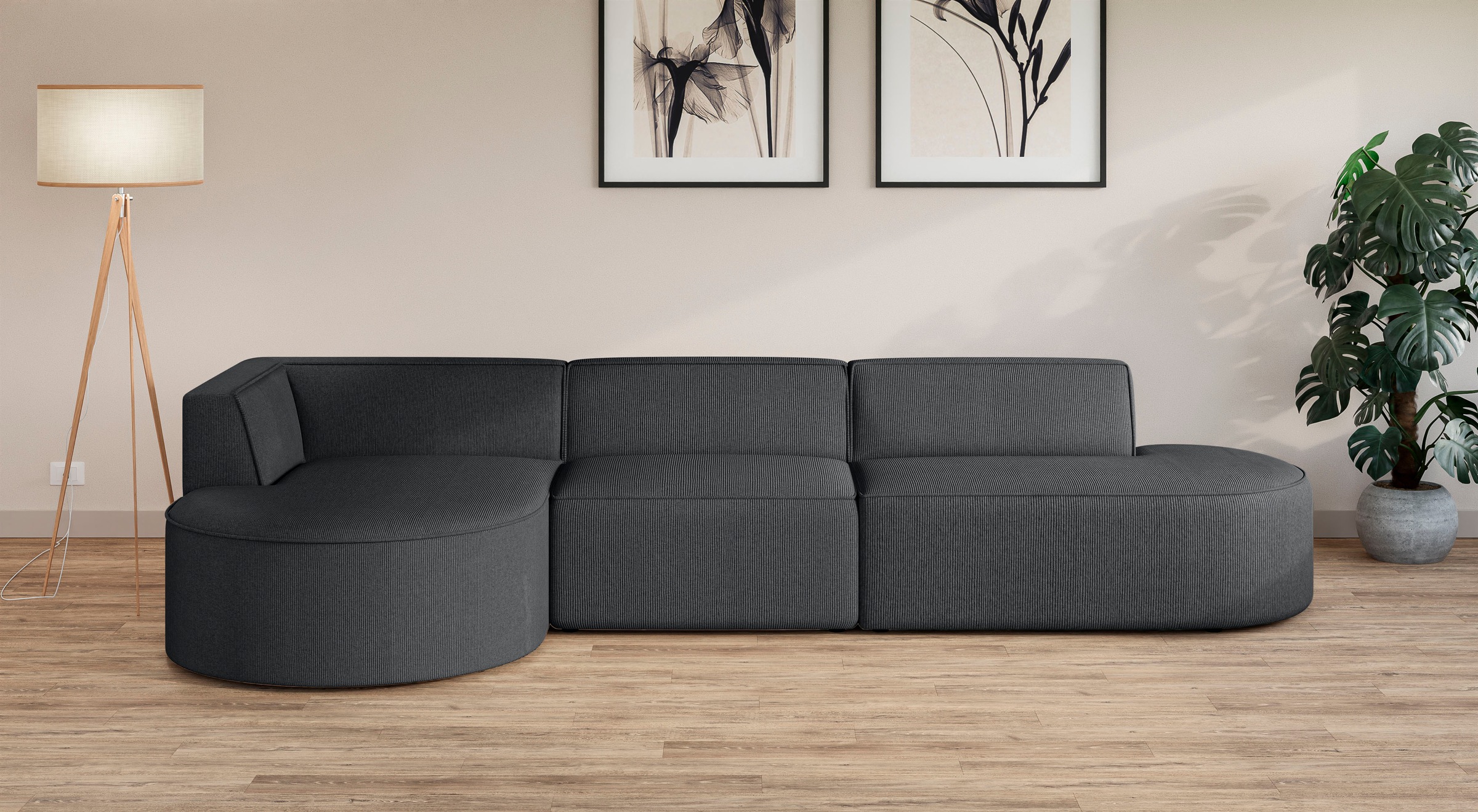 GOODproduct Ecksofa »EIVIND Designer Sofa mit Ottomane rechts/links, B/T/H: 343/159/72 cm« L-Form mit Wellenunterfederung, auch in Feincord und Bouclé