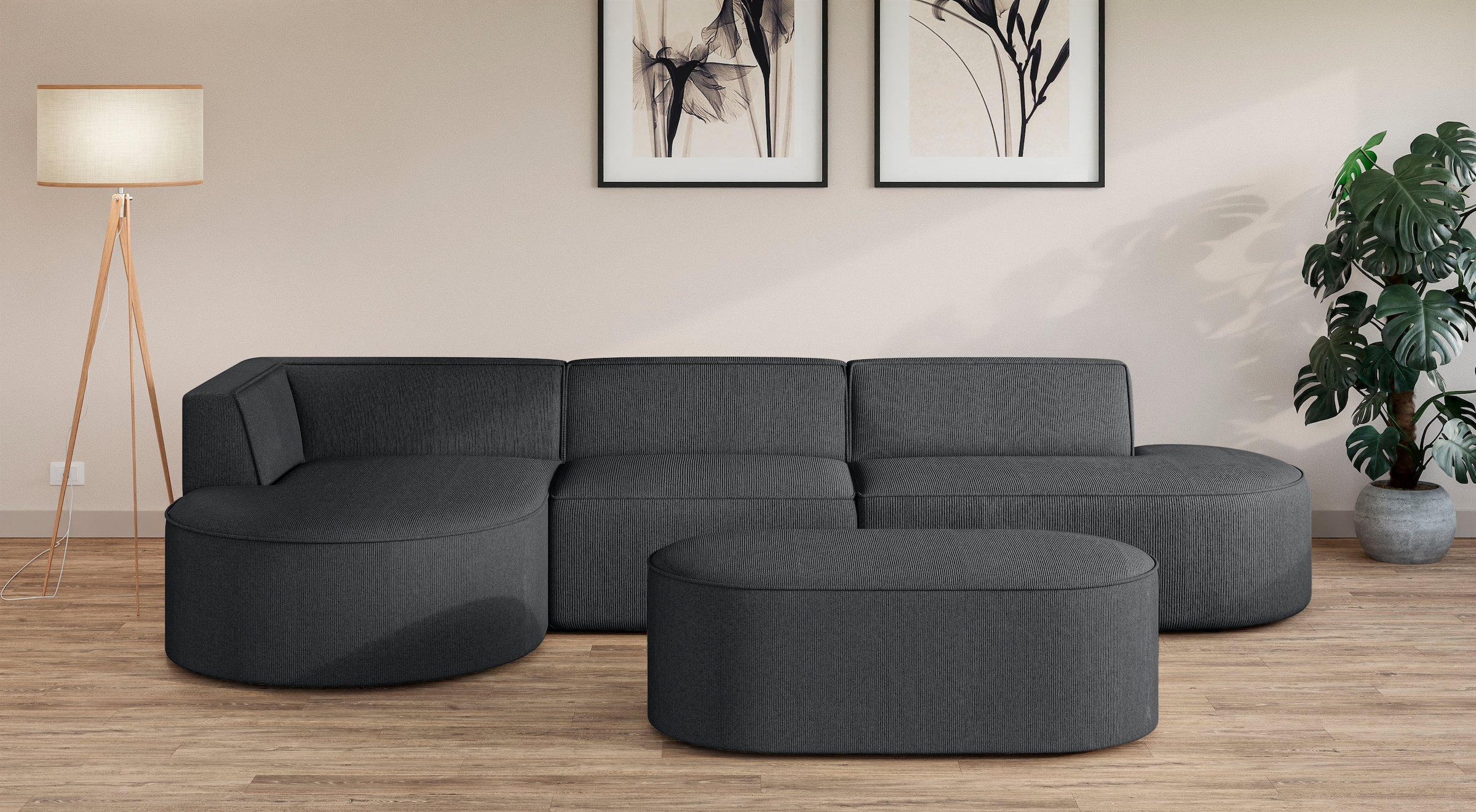 GOODproduct Ecksofa »EIVIND Designer Sofa mit Ottomane rechts/links, B/T/H: 343/159/72 cm« L-Form mit Wellenunterfederung, auch in Feincord und Bouclé