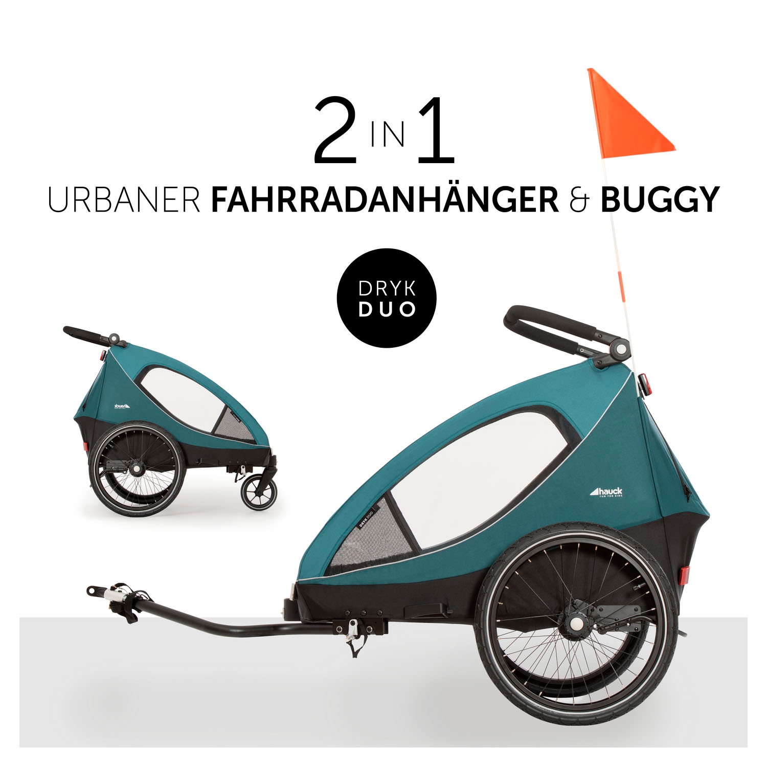 Hauck Fahrradkinderanhänger »Dryk Duo, Ocean Green« für 2 Kinder; inkl. Buggy-Rad