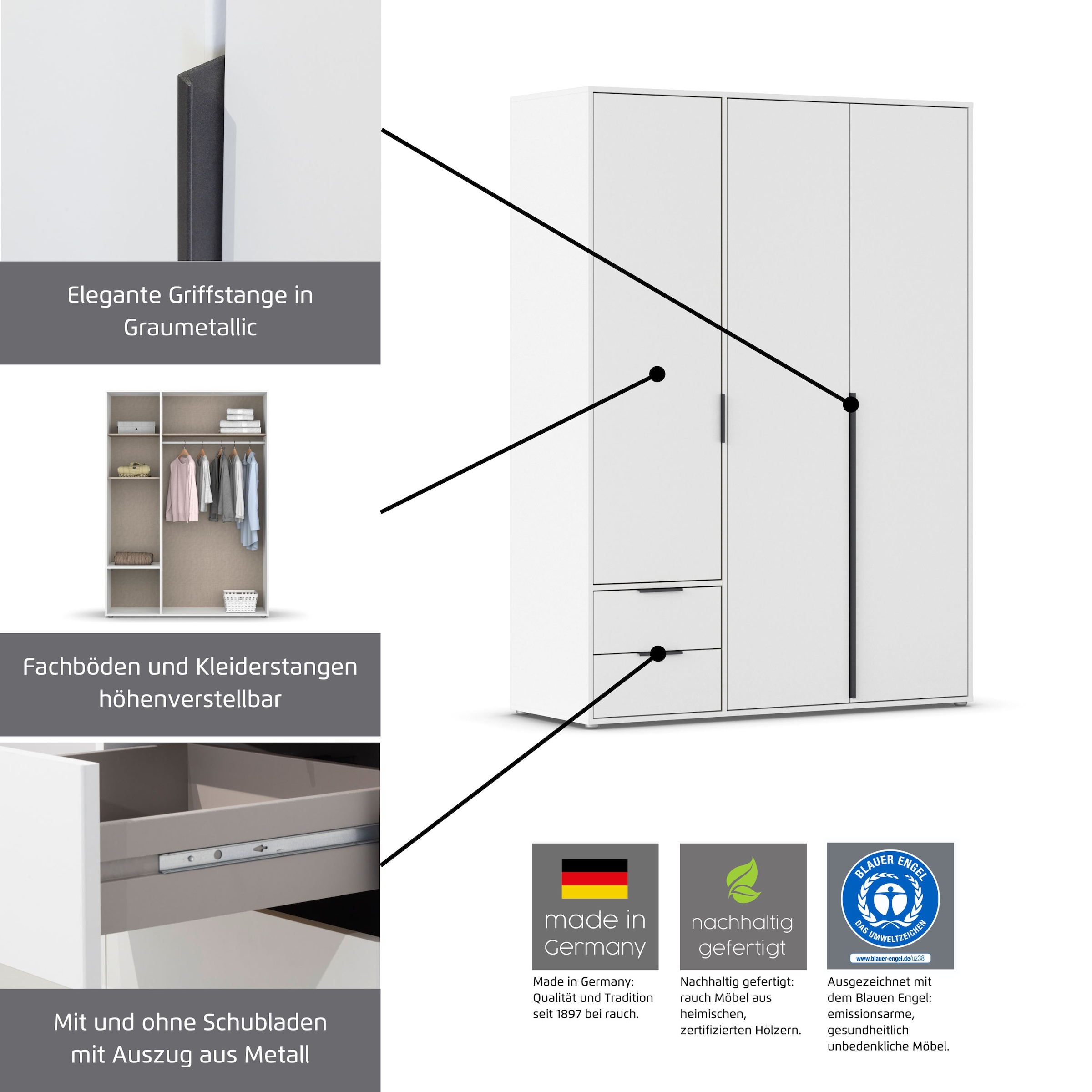 rauch Drehtürenschrank »Kleiderschrank Schrank Garderobe Wäscheschrank NAGATA mit Spiegel« in 3 verschiedenen Ausstattungen BASIC/CLASSIC/PREMIUM,  und modernen Stangengriffen in Graumetallic TOPSELLER MADE IN GERMANY