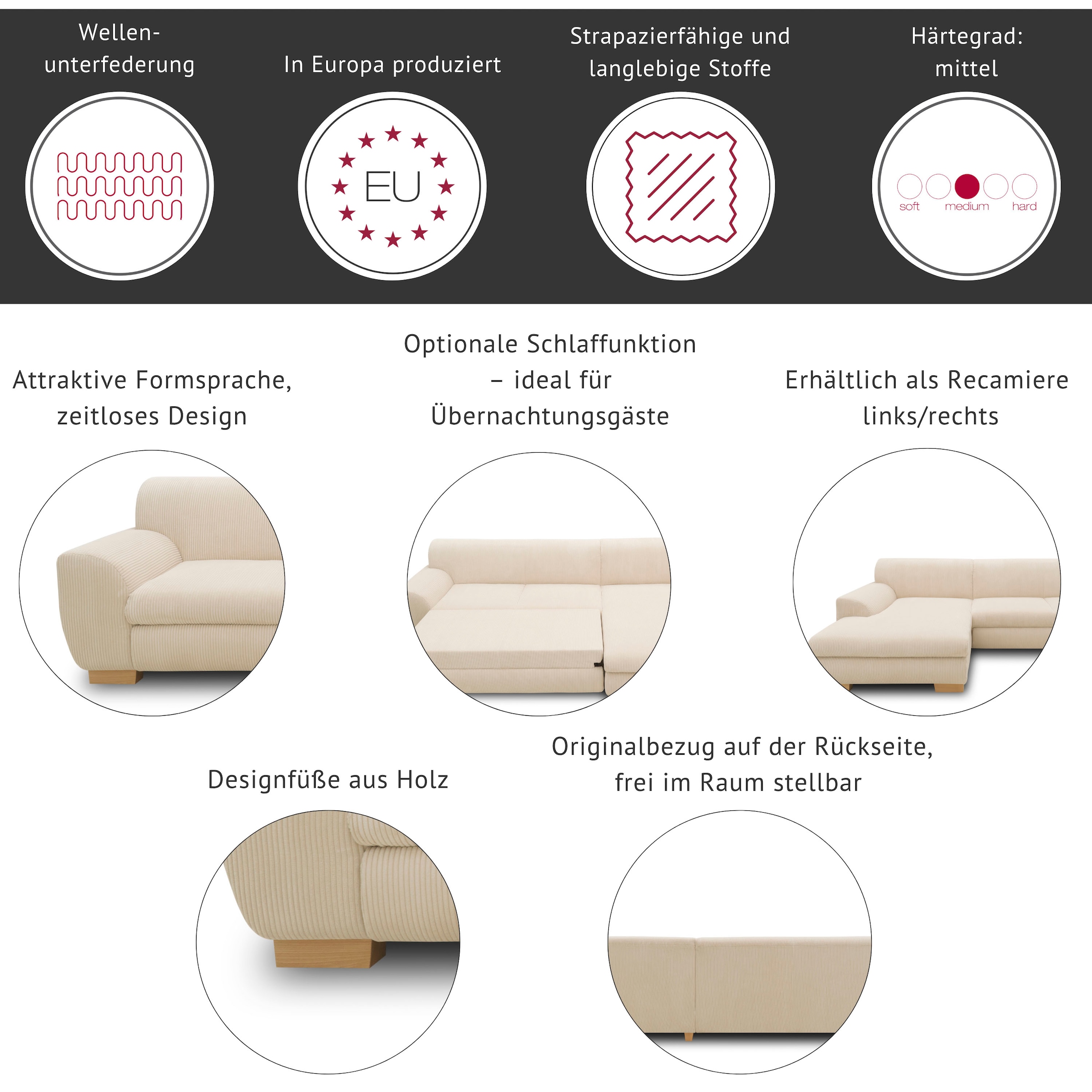 Home affaire Paysage de salon »Nika zeitlos und elegant, viel Platz, U-Form« Wohnlandschaft, MELROSE®/Struktur oder Struktur fein