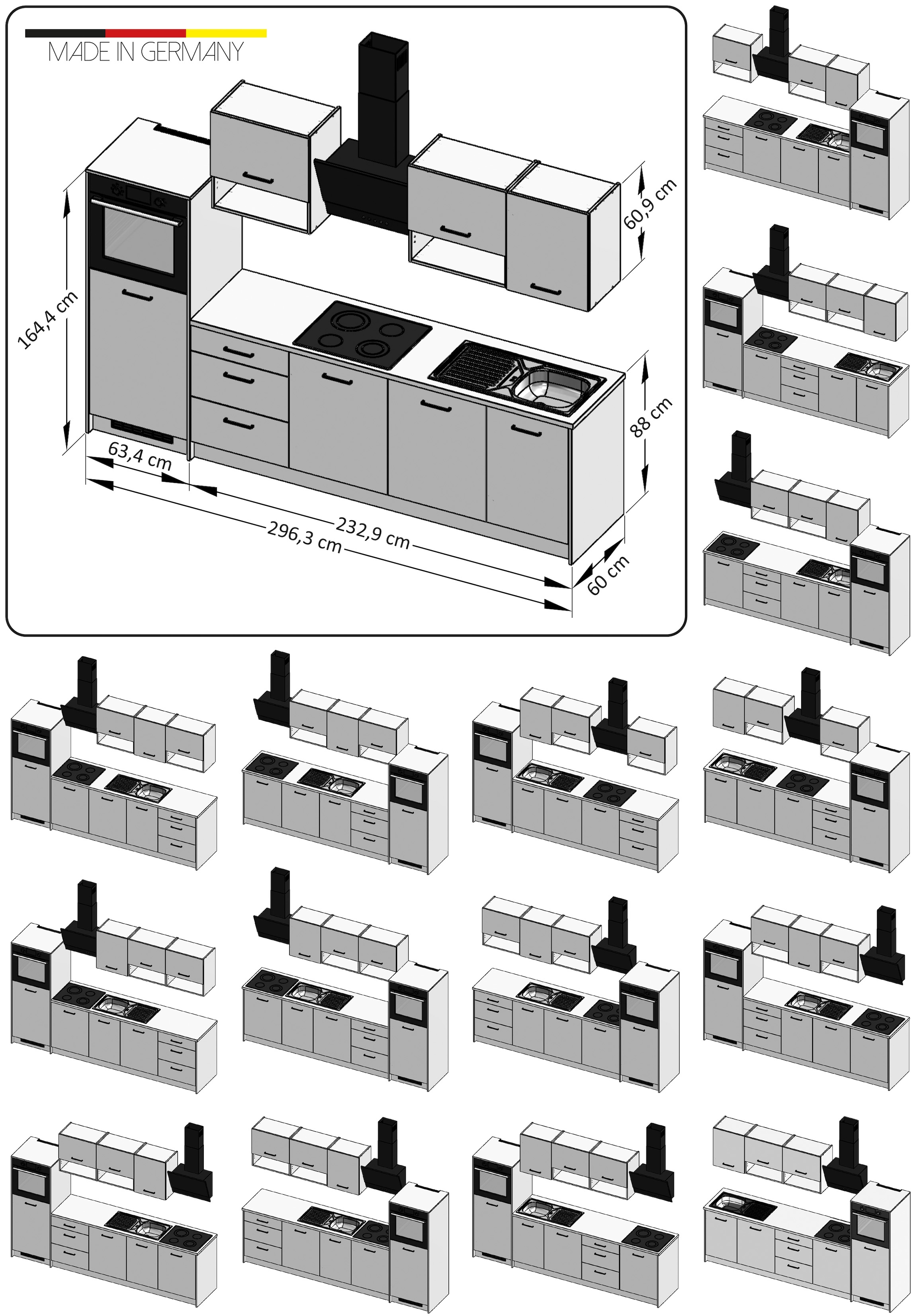 KOCHSTATION Kitchenette »KS-Kolari, Küchenblock Made in Germany« Breite 290 cm, wahlweise mit Hanseatic-E-Geräten