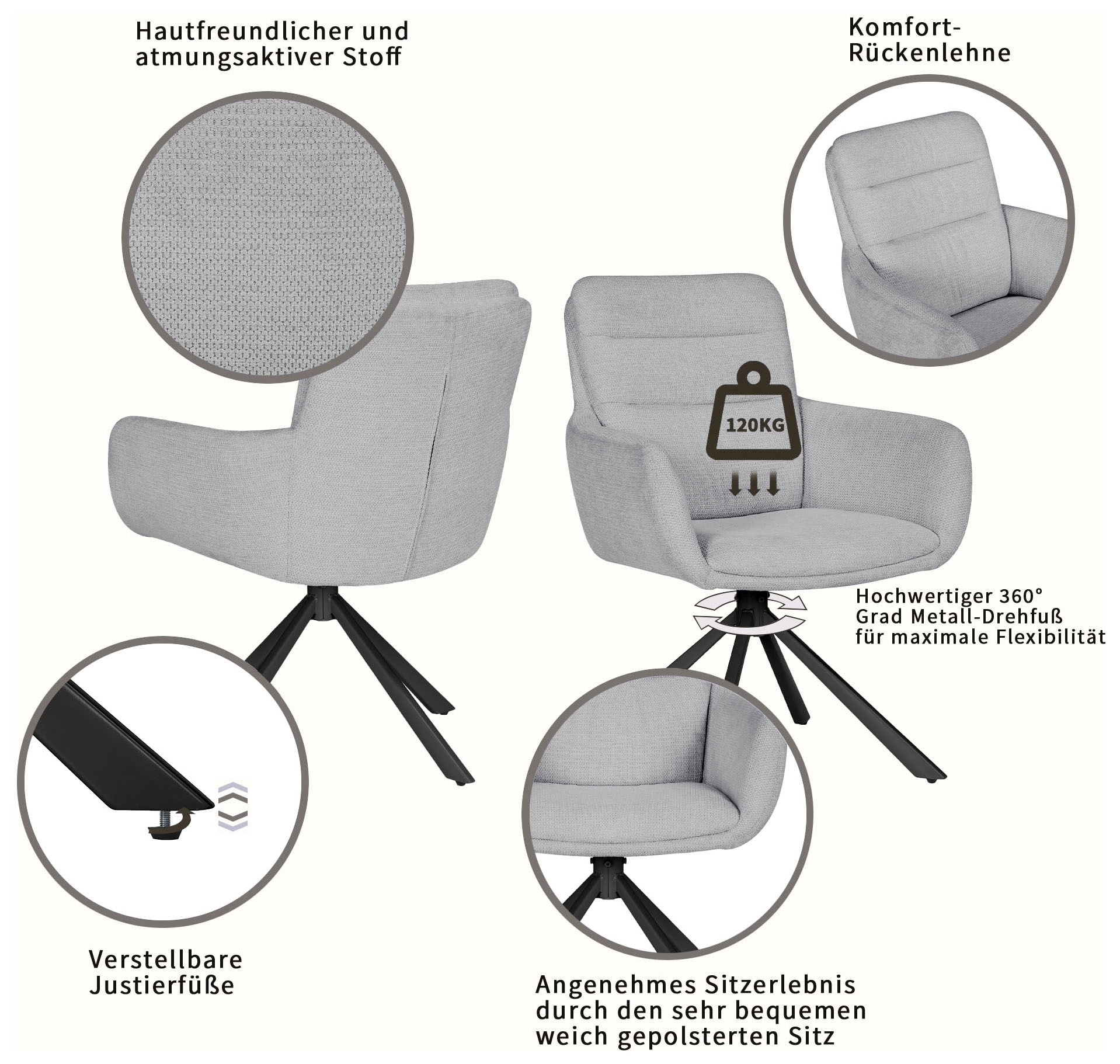 GOODproduct Chaise de salle à manger »Asly« (Ensemble) 2 cuisavec tissu tissé de haute qualité, structure métallique et fonction 360°