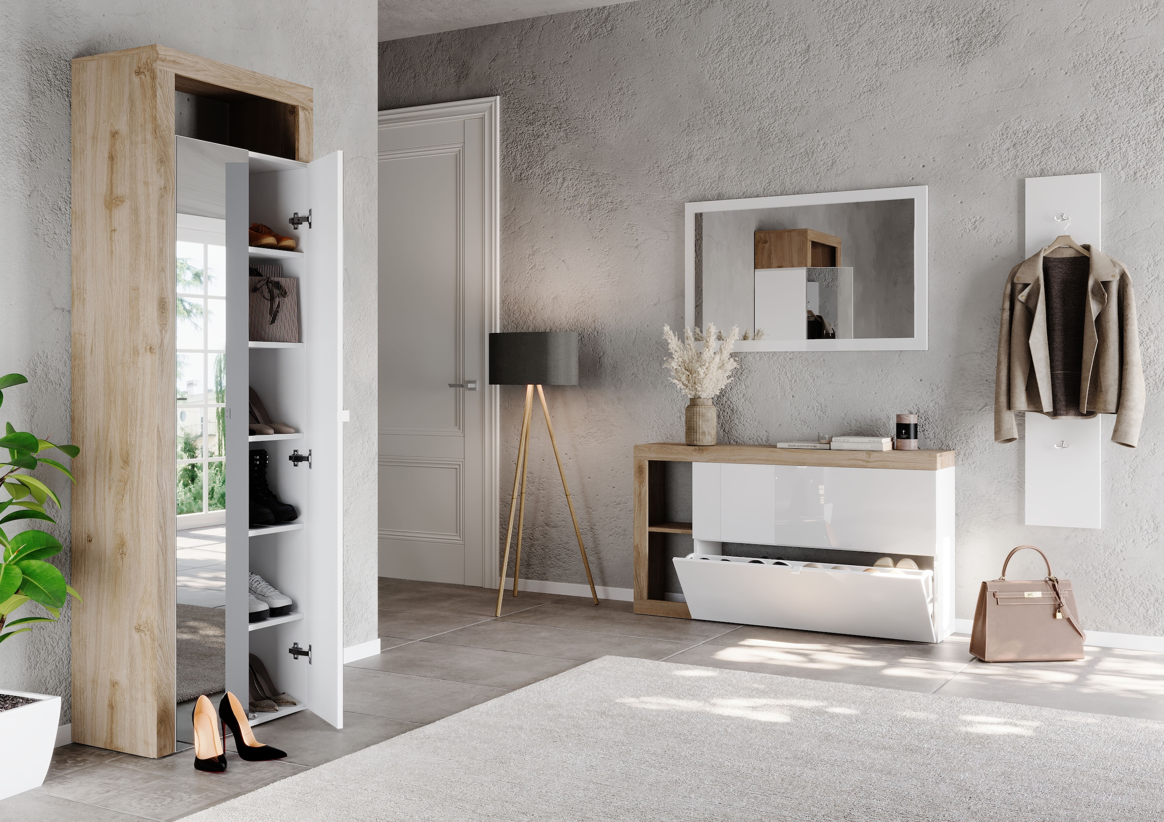 Home affaire Armoire à chaussures »Hamburg Höhe 195 cm, Hochschrank, 2 Spiegeltüren, dekorativer Rahmen,« Schuhregal mit 6 Ebenen, Ablagefach, verstellbare Böden, Metallgriff