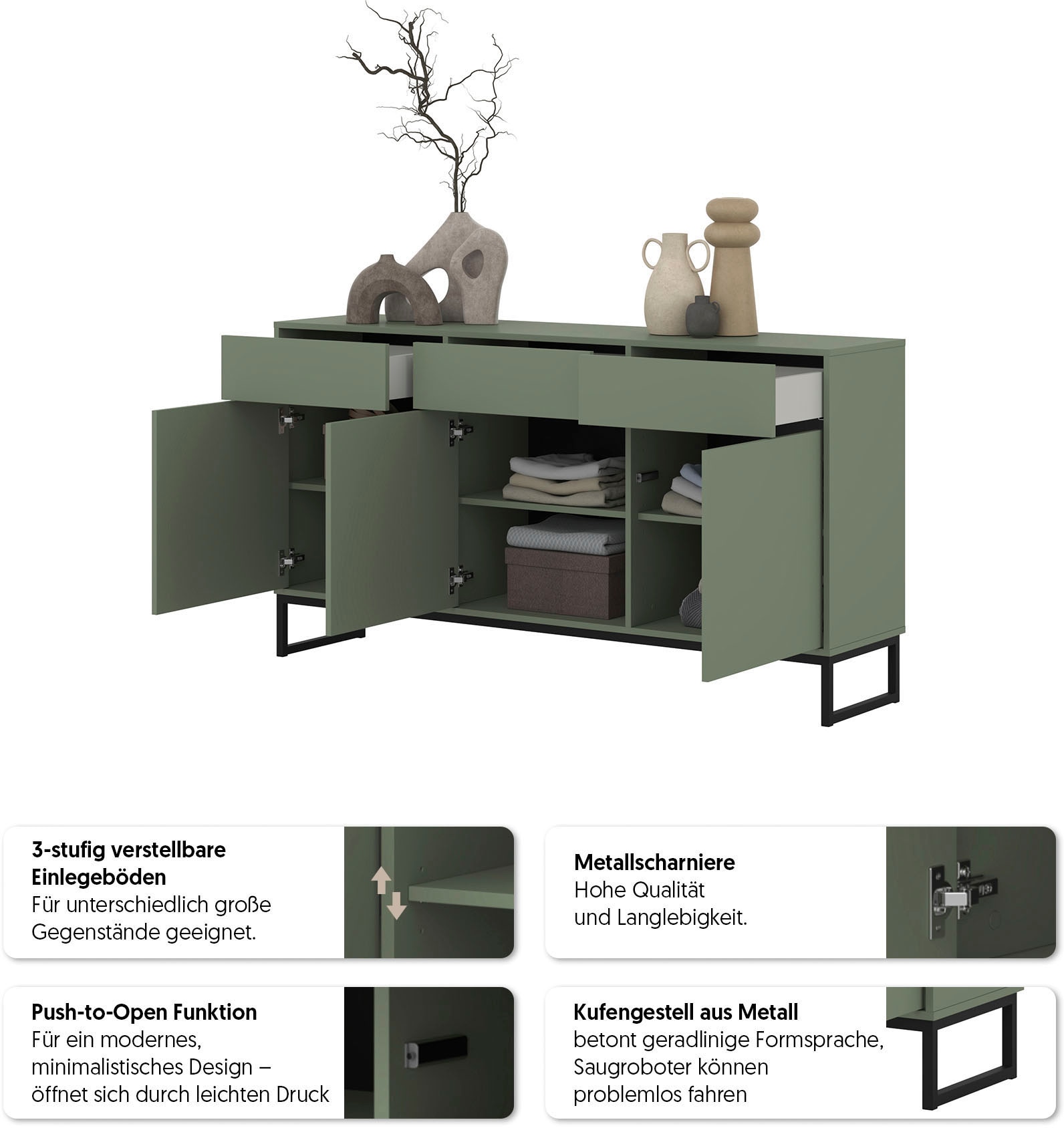 GOODproduct Buffet »Loft, Breite 157 cm, grifflose Kommode 3 Türen/3 Schubkästen.« commode à tiroirs avec beaucoup de rangement, étagères réglables