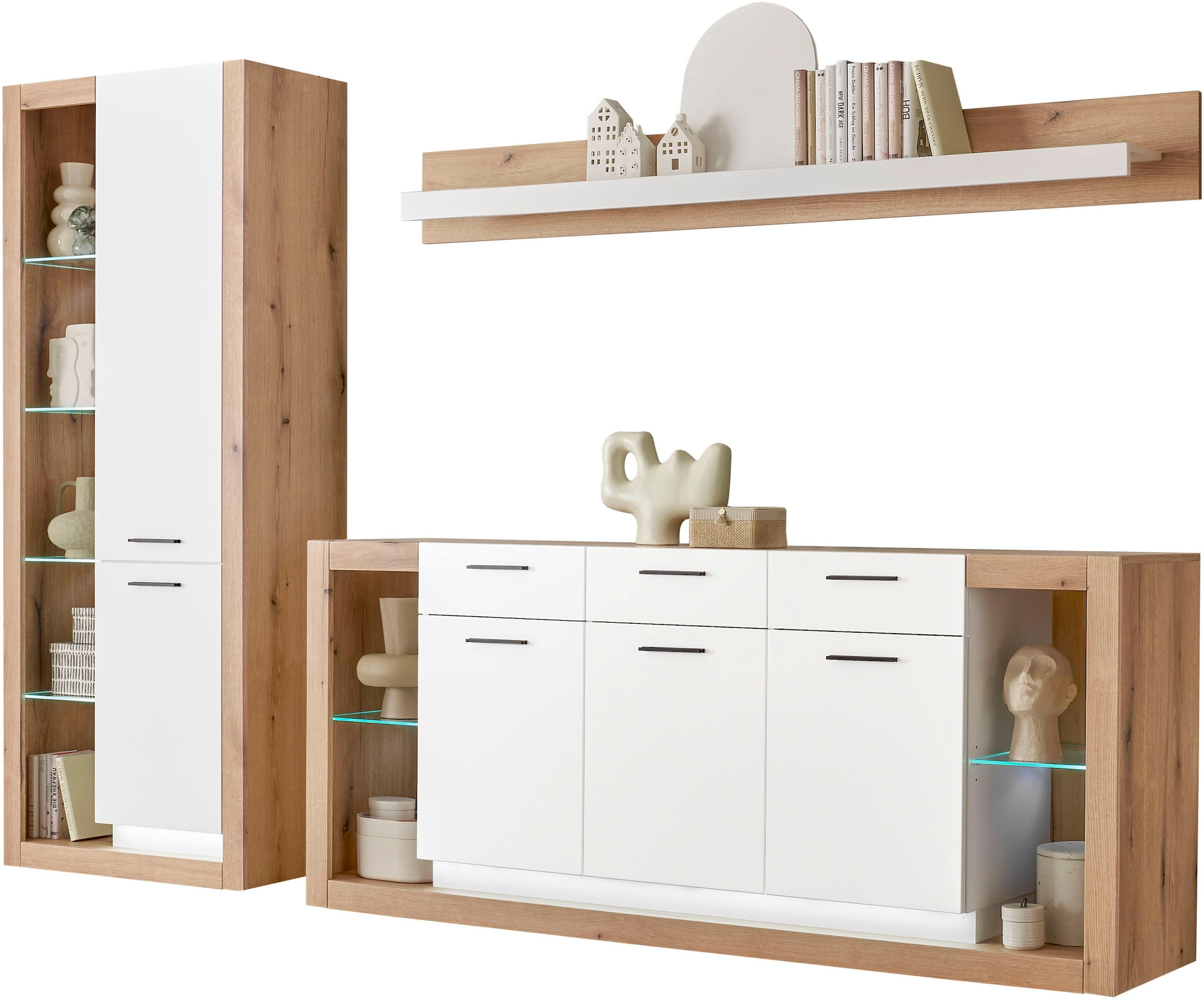 Home affaire Meuble mural »Brixen, moderne Anbauwand, Wohnzimmer-Set, Eiche Evoke Dekor mit Weiss« Set, 3 cuis tlg.